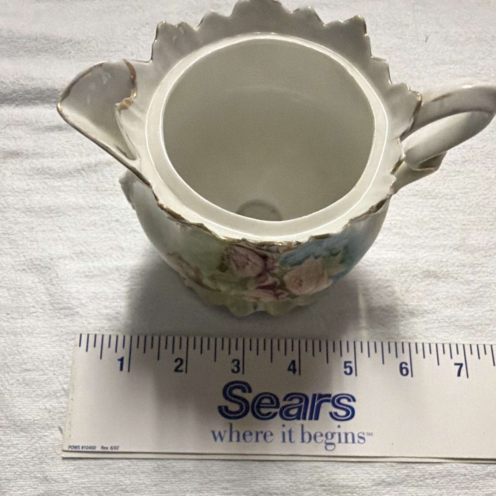 Porcelain Floral Creamer Pitcher White Pink Green Blue Glossy Gold Trim Handle