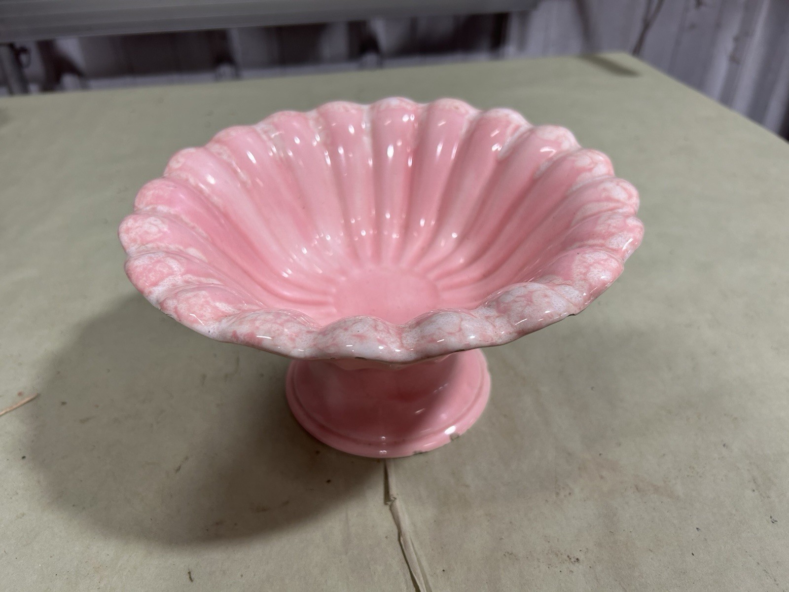 Scalloped Pink And White Pedestal Bowl 8 1/2 Inches At The Top