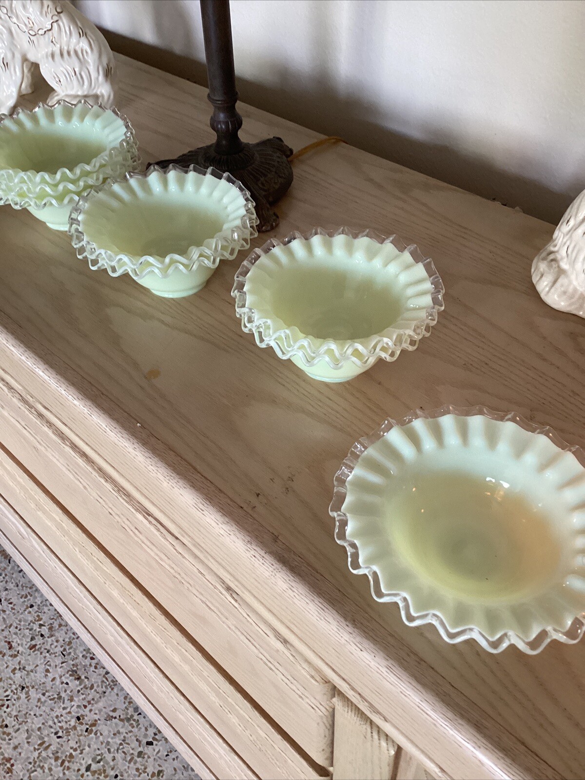 Fenton Glass Crested Opalescent Yellow /Green Pastel Milk Glass Bowls