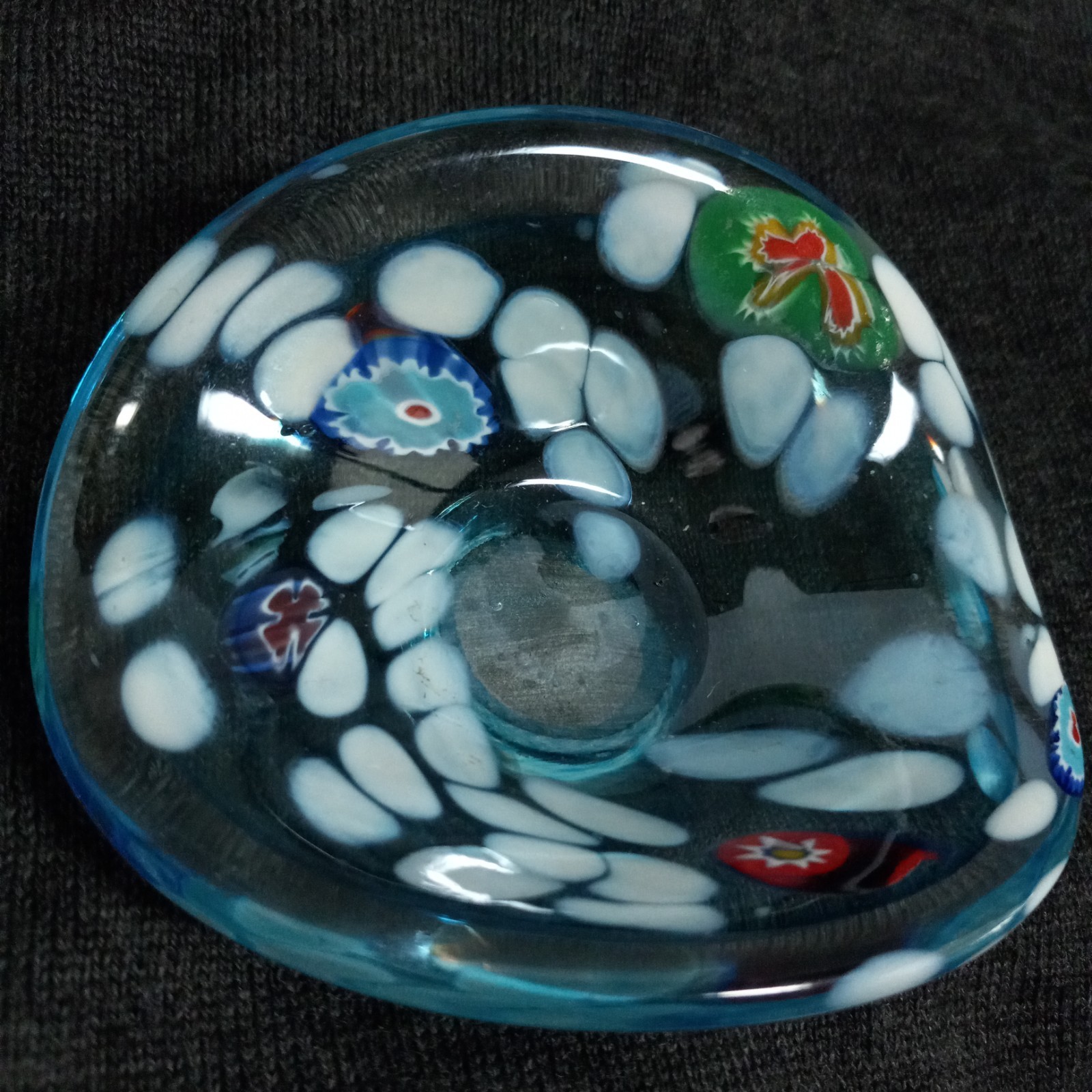 Millefiori Art Glass Multicolor Floral Blue Green Red Trinket Candy Dish 4″ VGUC