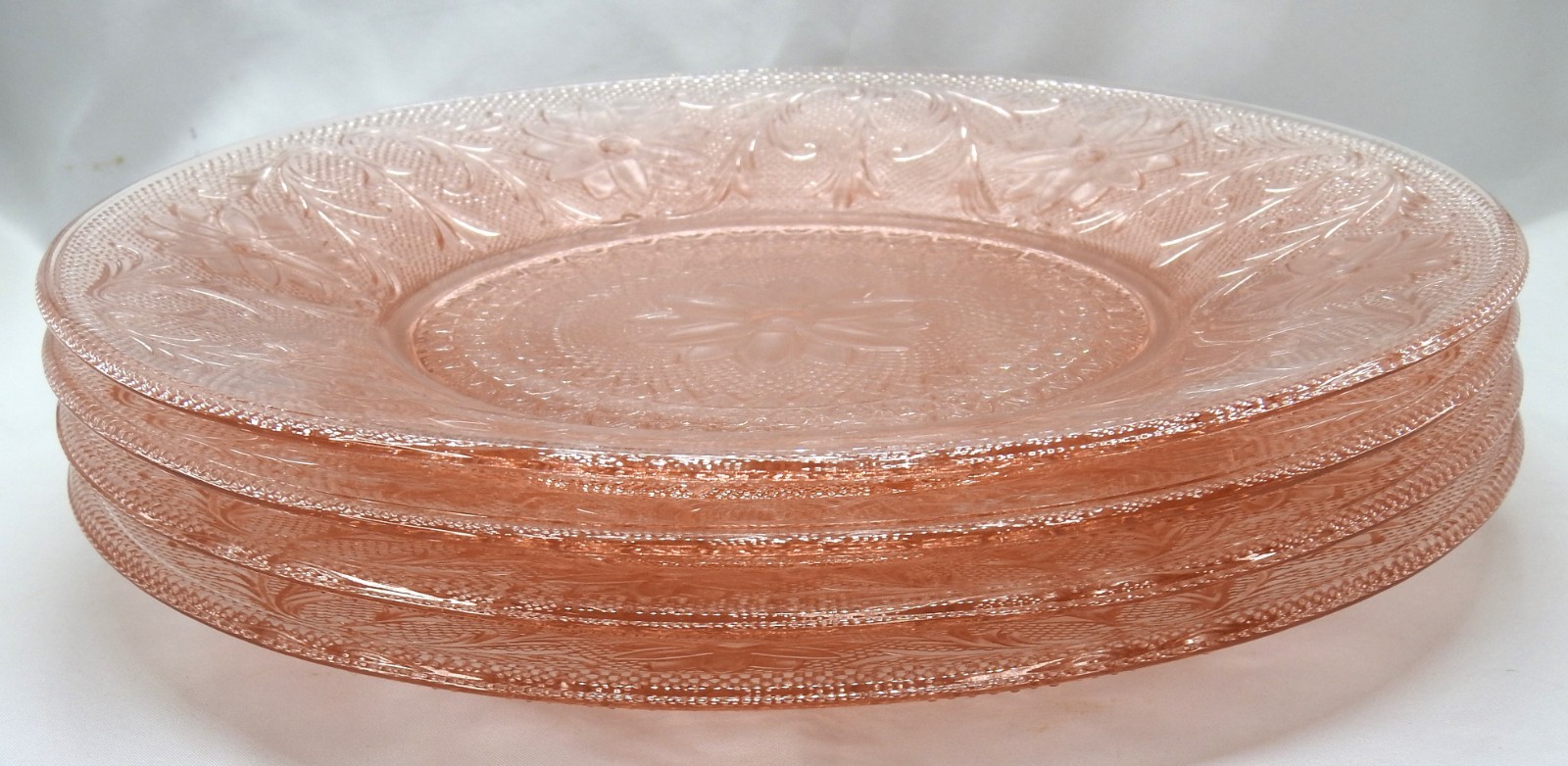 Set 4 Tiara PINK Sandwich Indiana Glass 10 3/8″ Round DINNER PLATES EUC