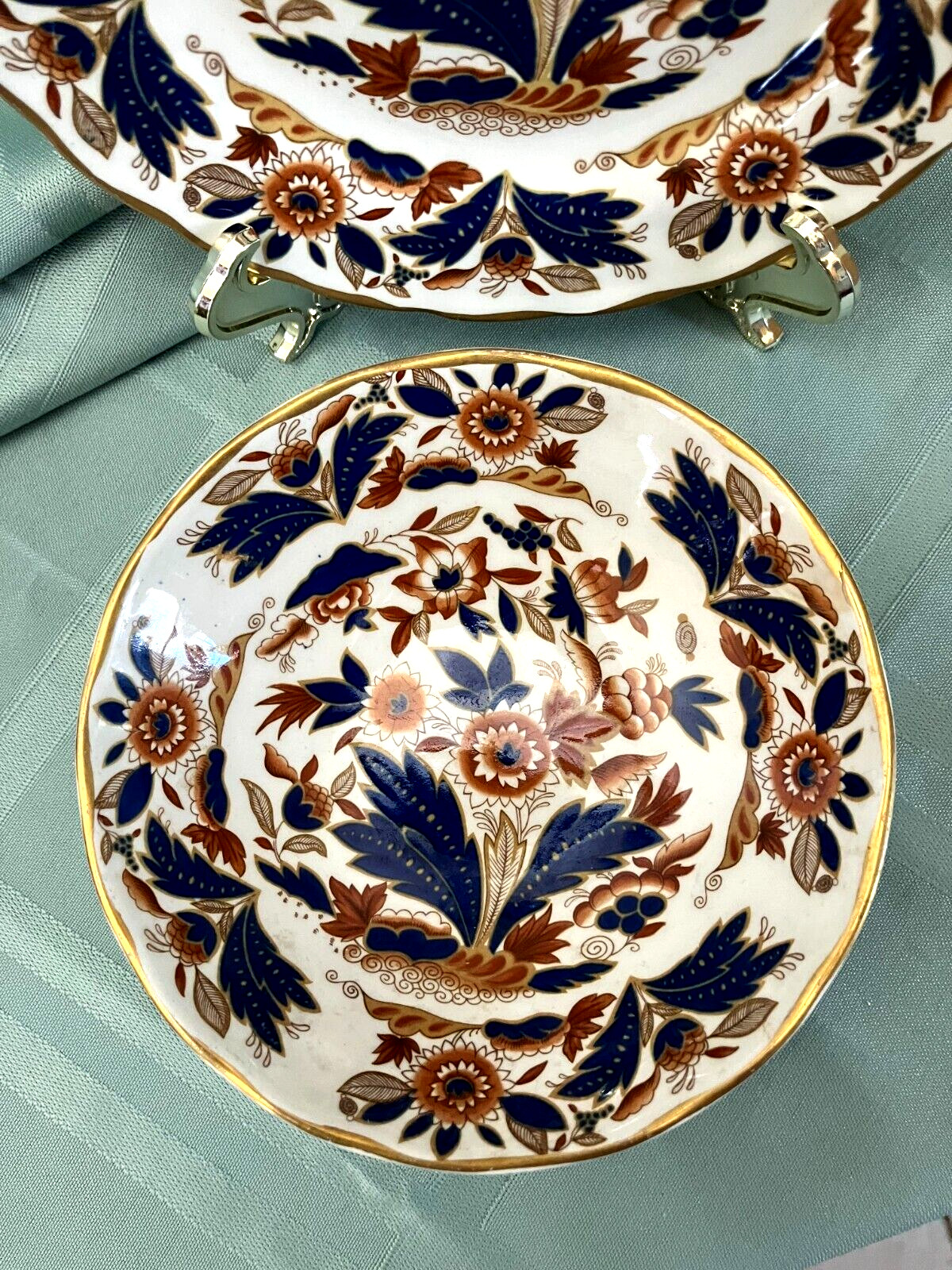 Booths Dovedale Rust & Blue Fruit/Dessert Bowl & Bread/Dessert Plate Gold Edge