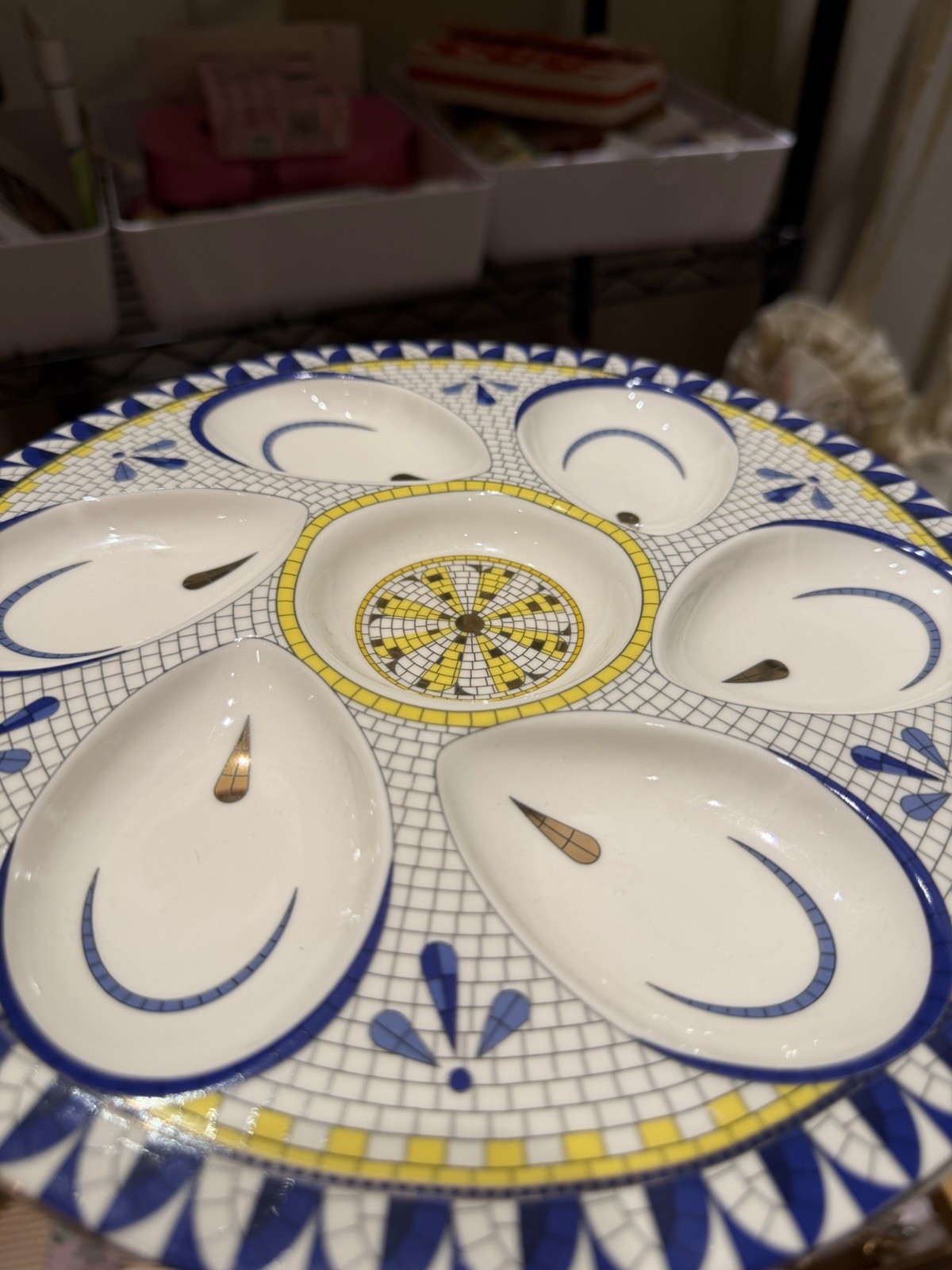 Round Ceramic Platter 7-Compartment Divided Geometric Blue White Yellow