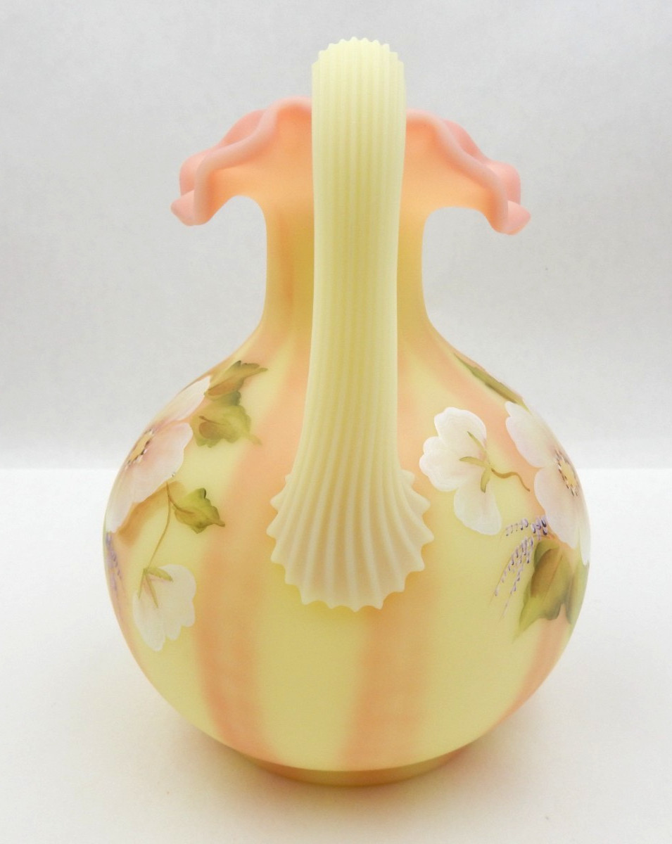FENTON BURMESE URANIUM GLASS BILL FENTON 56 YEARS ANNIV. PITCHER, SIGNED, 6-1/2″