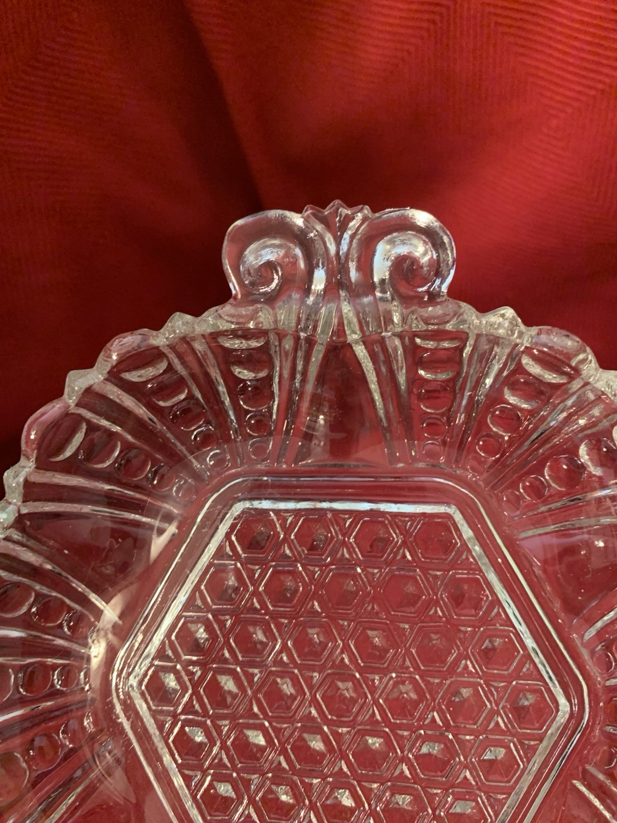 Anchor Hocking Clear Glass Vintage Dish with Hexagon and Dot & Cane Pattern 7.5”