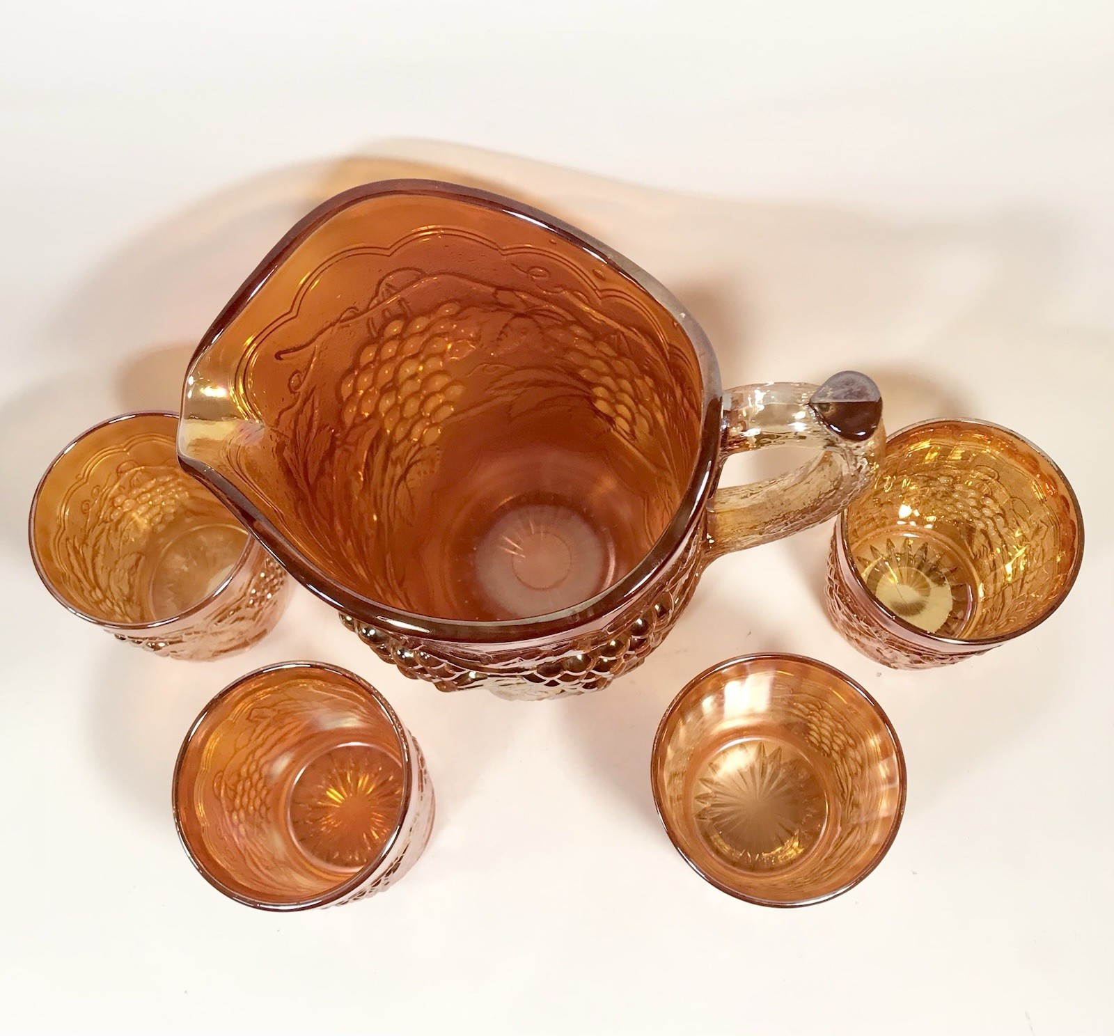Imperial Carnival Glass Grape Pitcher And 4 Tumblers Set Marigold Orange Vintage