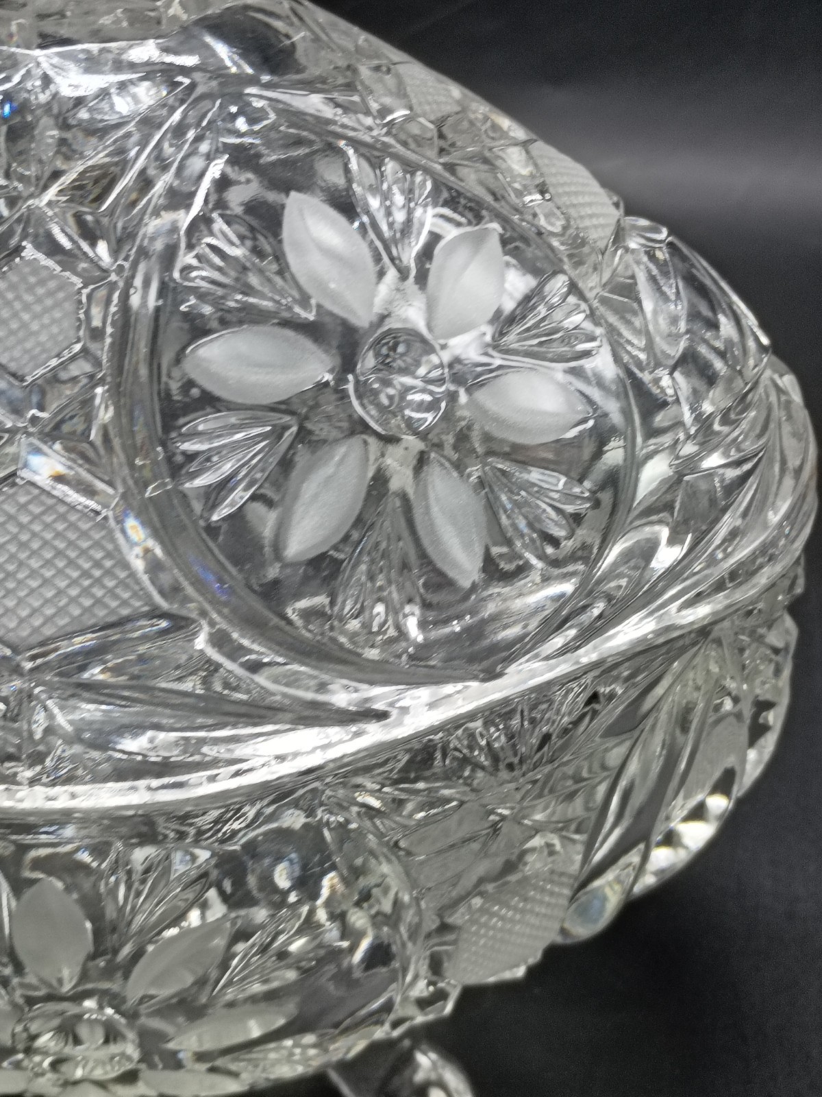 Vintage Large Heavy Etched Crystal Covered Oval Candy Dish Floral