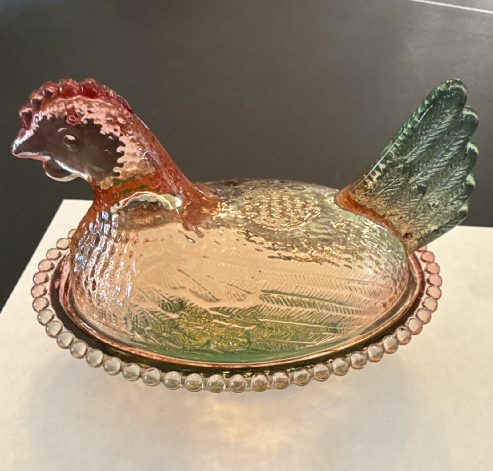 Pink Green Glass Hen Covered Dish Beaded Edge Decorative Farm Animal Serveware