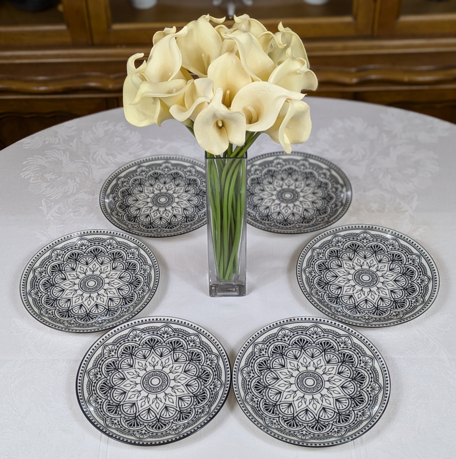 Set 6 Royal Norfolk Black & White Mediterranean Ceramic Salad Plates 7.5 NEW