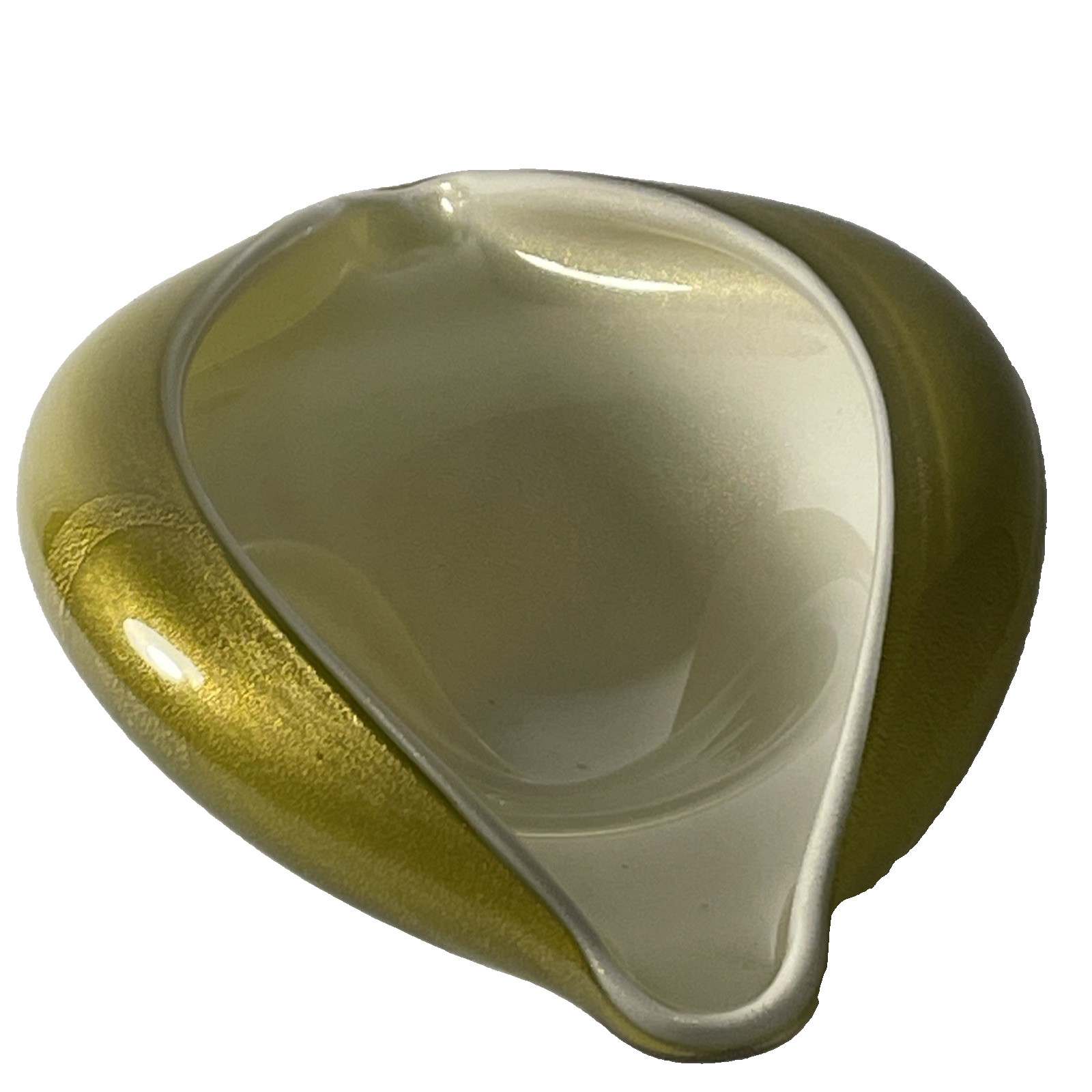 Mid Century Murano Olive Green Gold Fleck Leaf Barbini? Large Modernistic Bowl