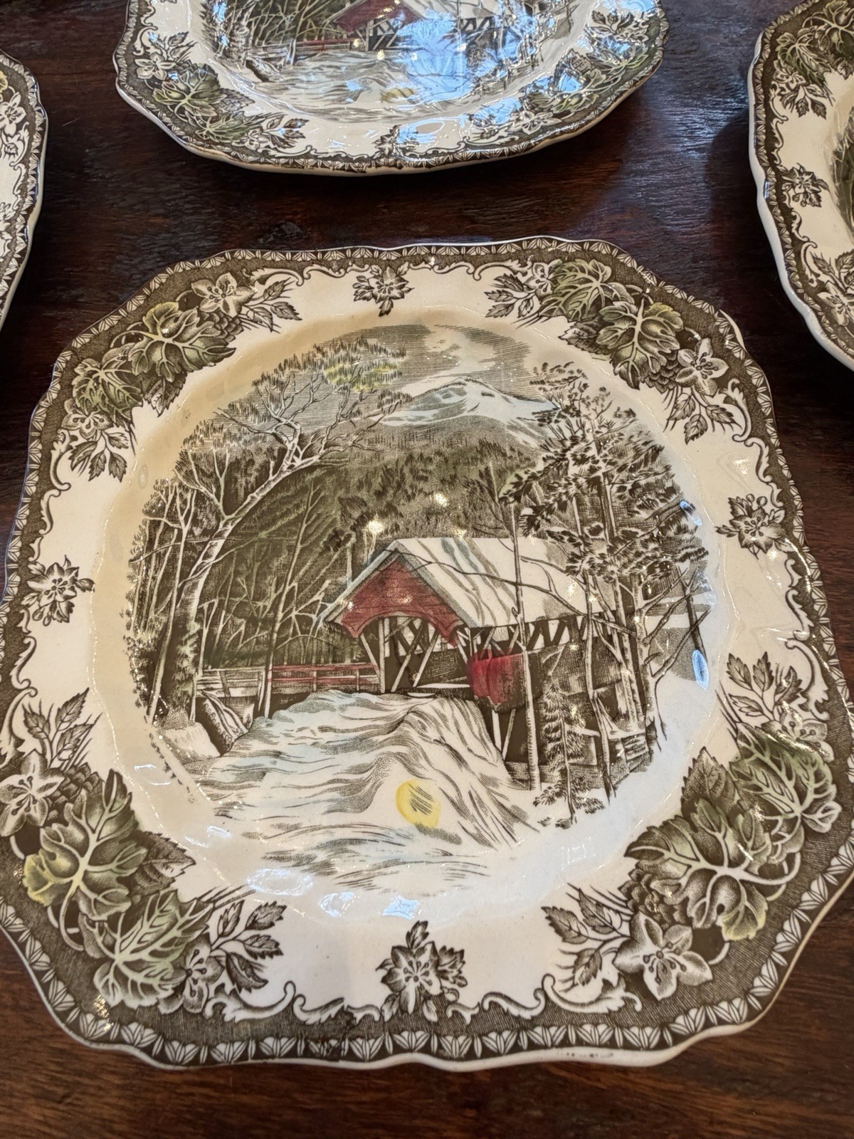 Lot Of 7 Johnson Bros The Friendly Village Square Salad Plates Covered Bridge