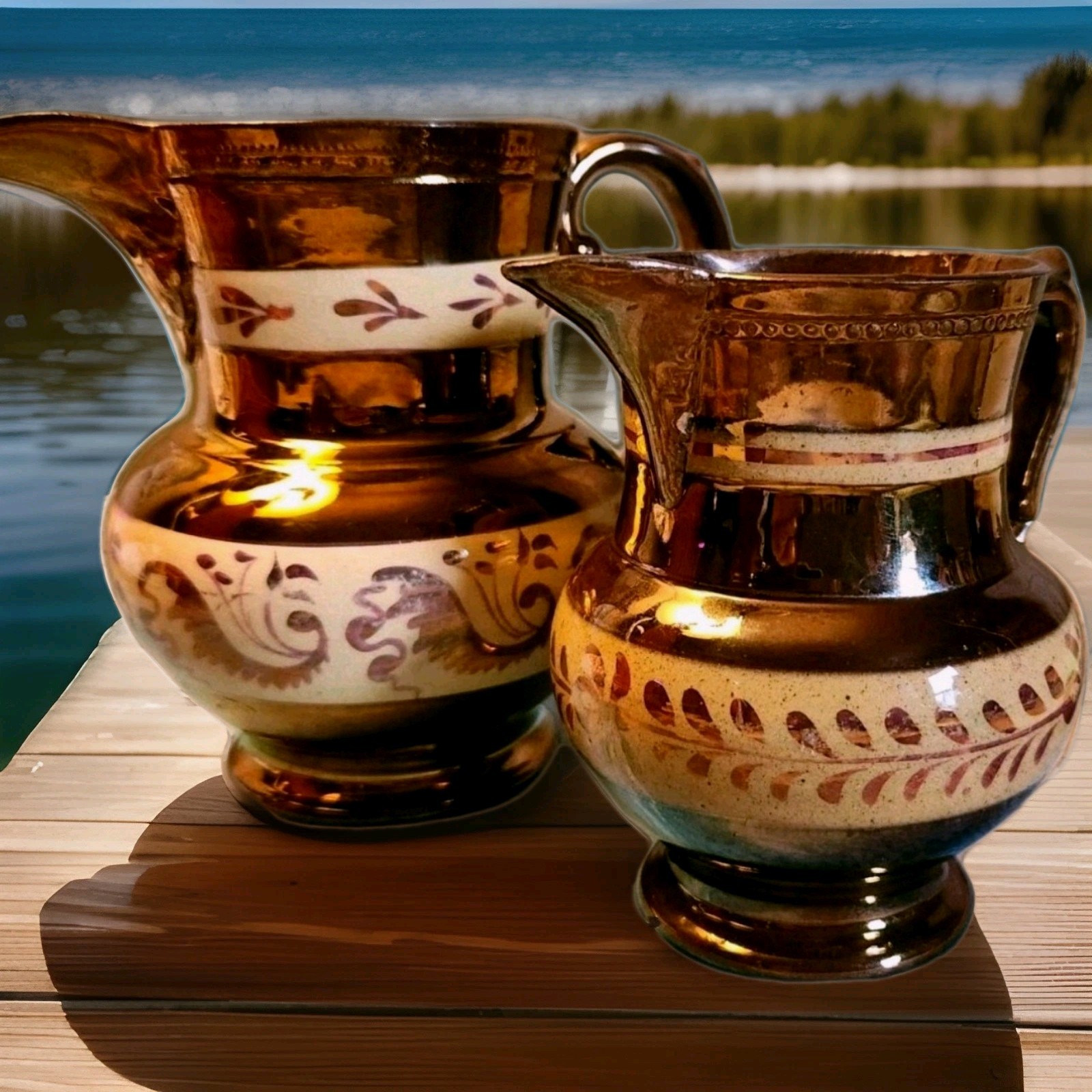 2 English Copper Lusterware Pitchers Staffordshire Pottery 1850-1899 England