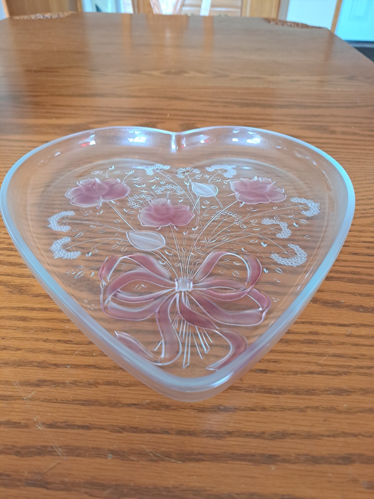 Mikasa Crystal GlassVintage Valentine Heart Shaped Serving Plate w/ Pink Roses