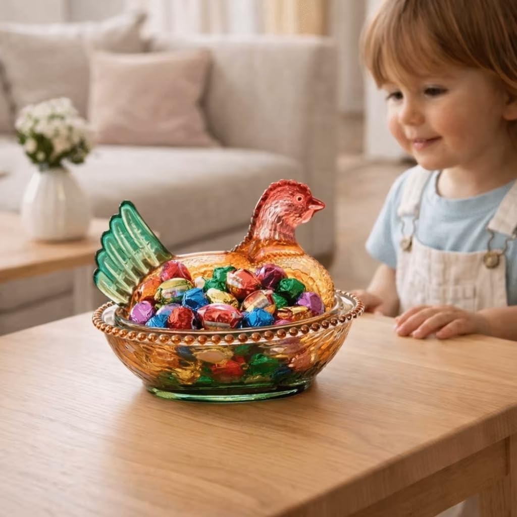 Vintage-Style Glass Hen on Nest Dish with Lid, Colorful Pedestal Candy Bowl