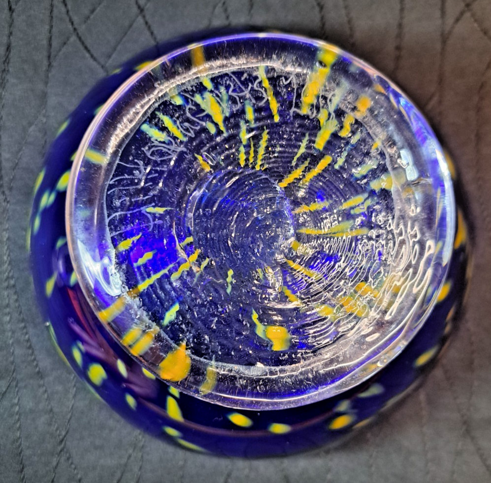 2018 Hilltop Hand Blown Art Glass Cobalt Blue Yellow Frit Bowl Signed