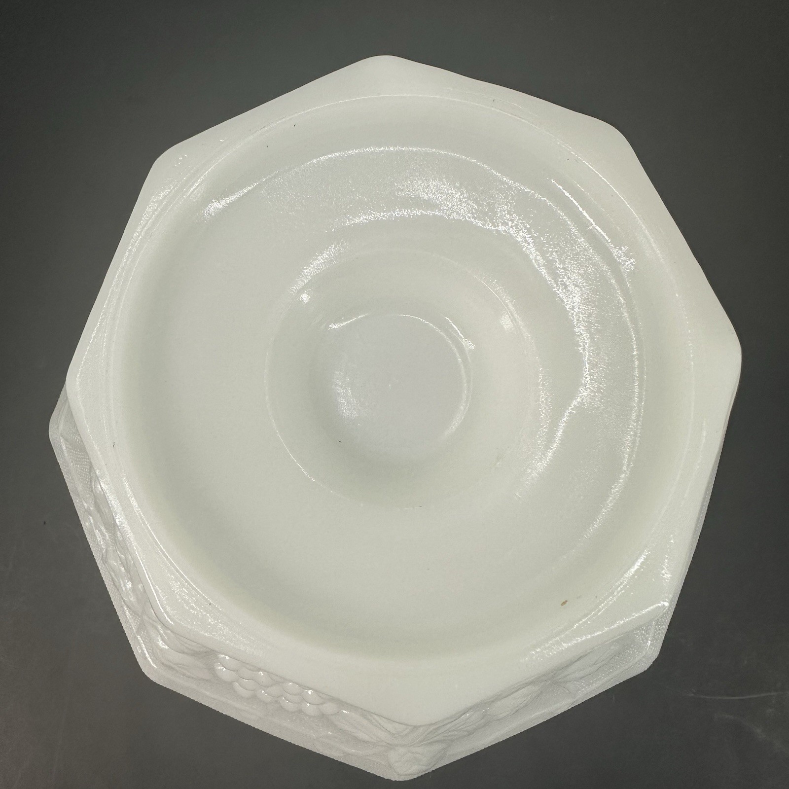 Milk Glass Grapes and Leaves Footed Pedestal Fruit Bowl Octagon 9″