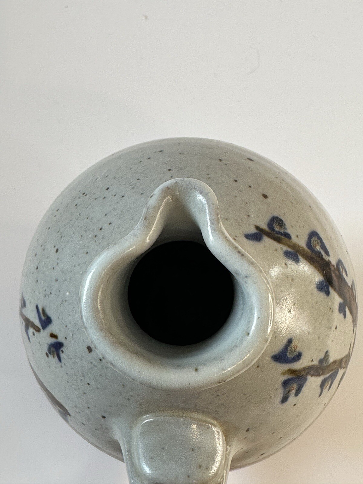 Signed AM stoneware jug, gray, tan, rust, blue, brown. Earthy Natural colors.