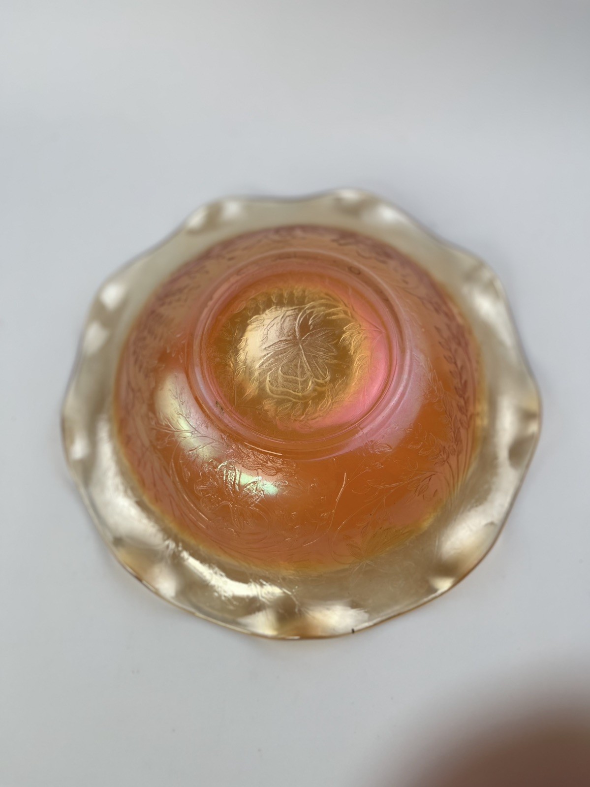 Vintage Marigold Carnival Glass Bowl Ruffled Edge Iridescent Floral 9.5″