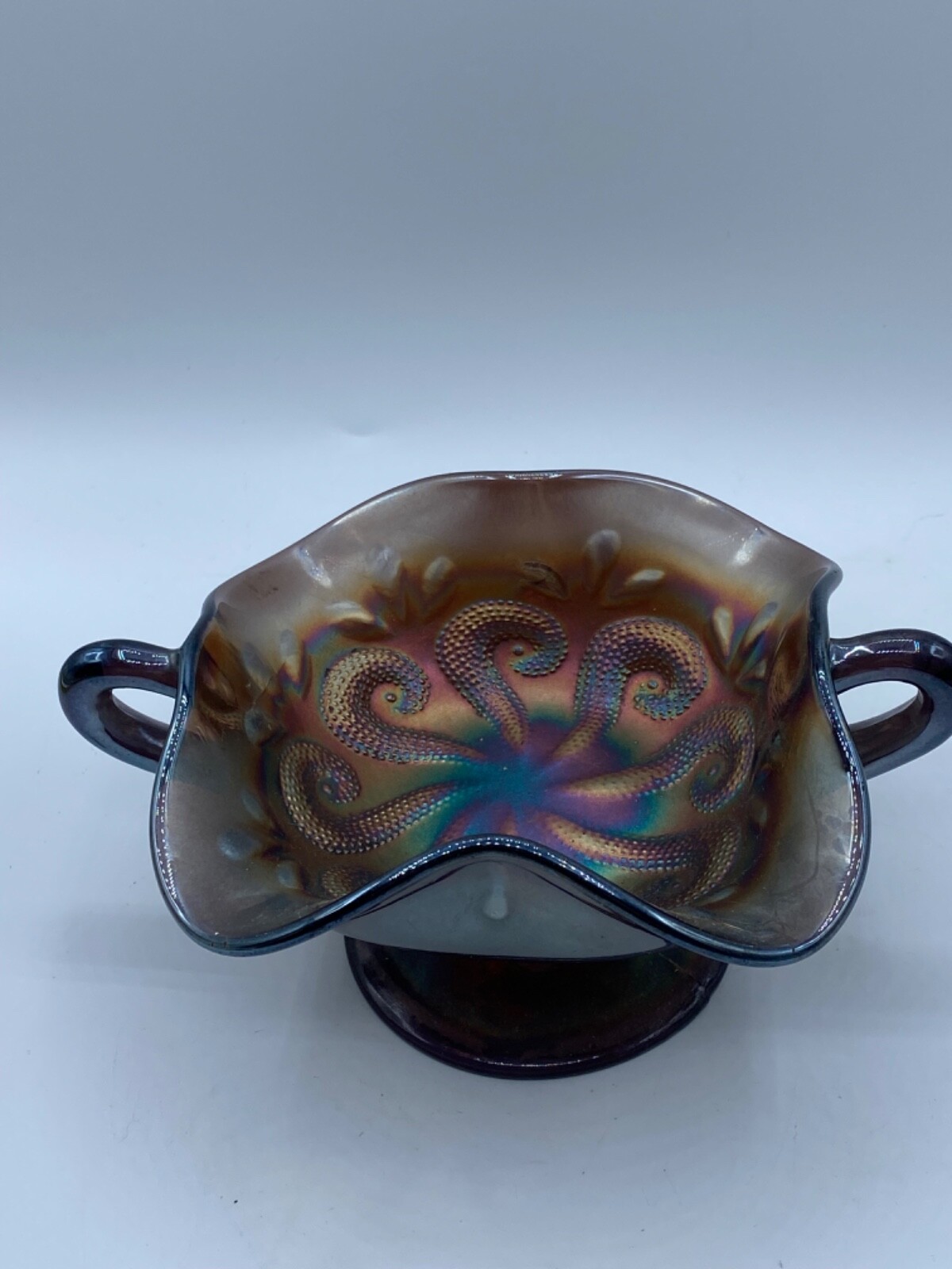 Vintage Amethyst Carnival Glass Two Handled Footed Bonbon Dish 4.5″