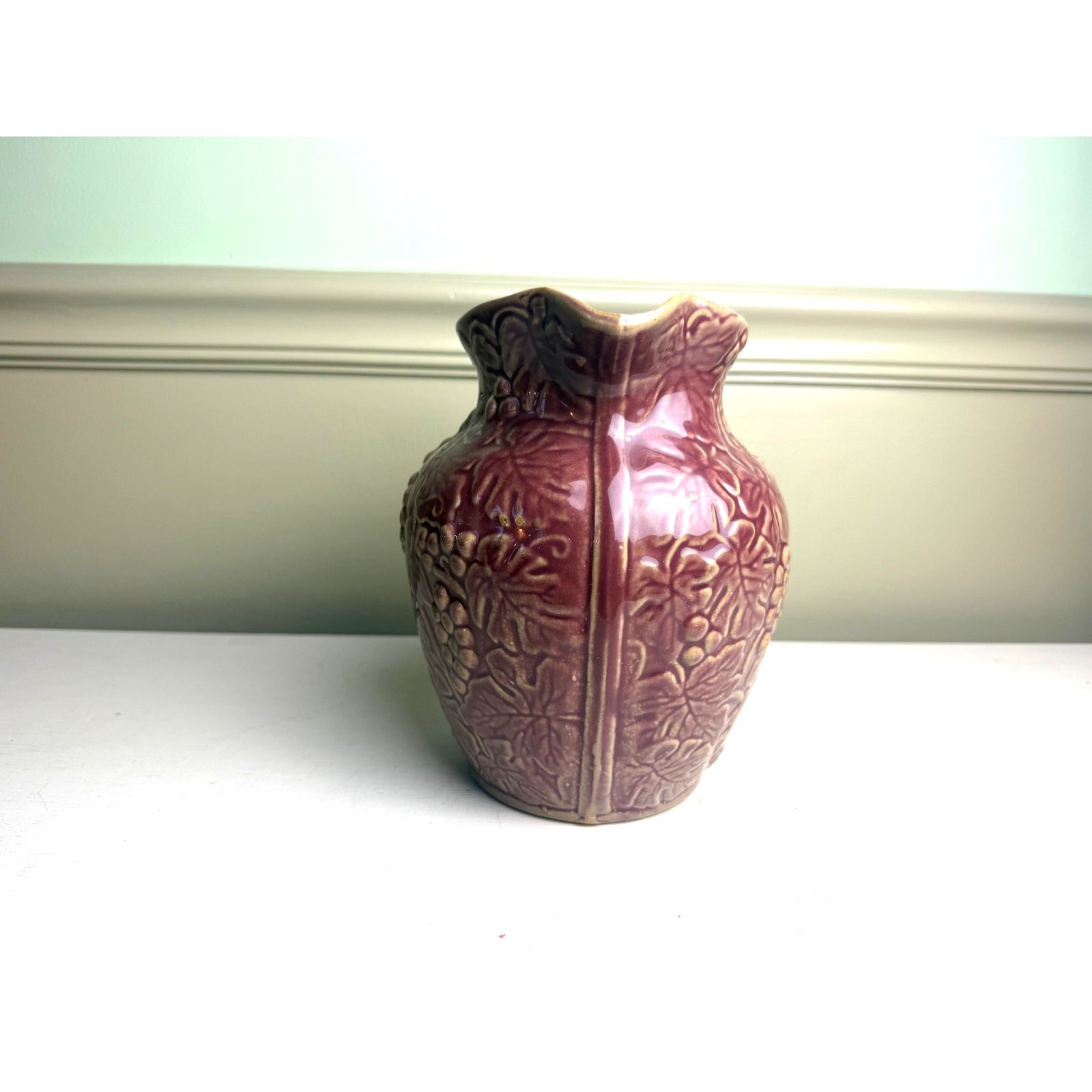 8″ Large Antique UHL Pottery Grapevine Pitcher Rare Mauve Purple Stoneware Vase