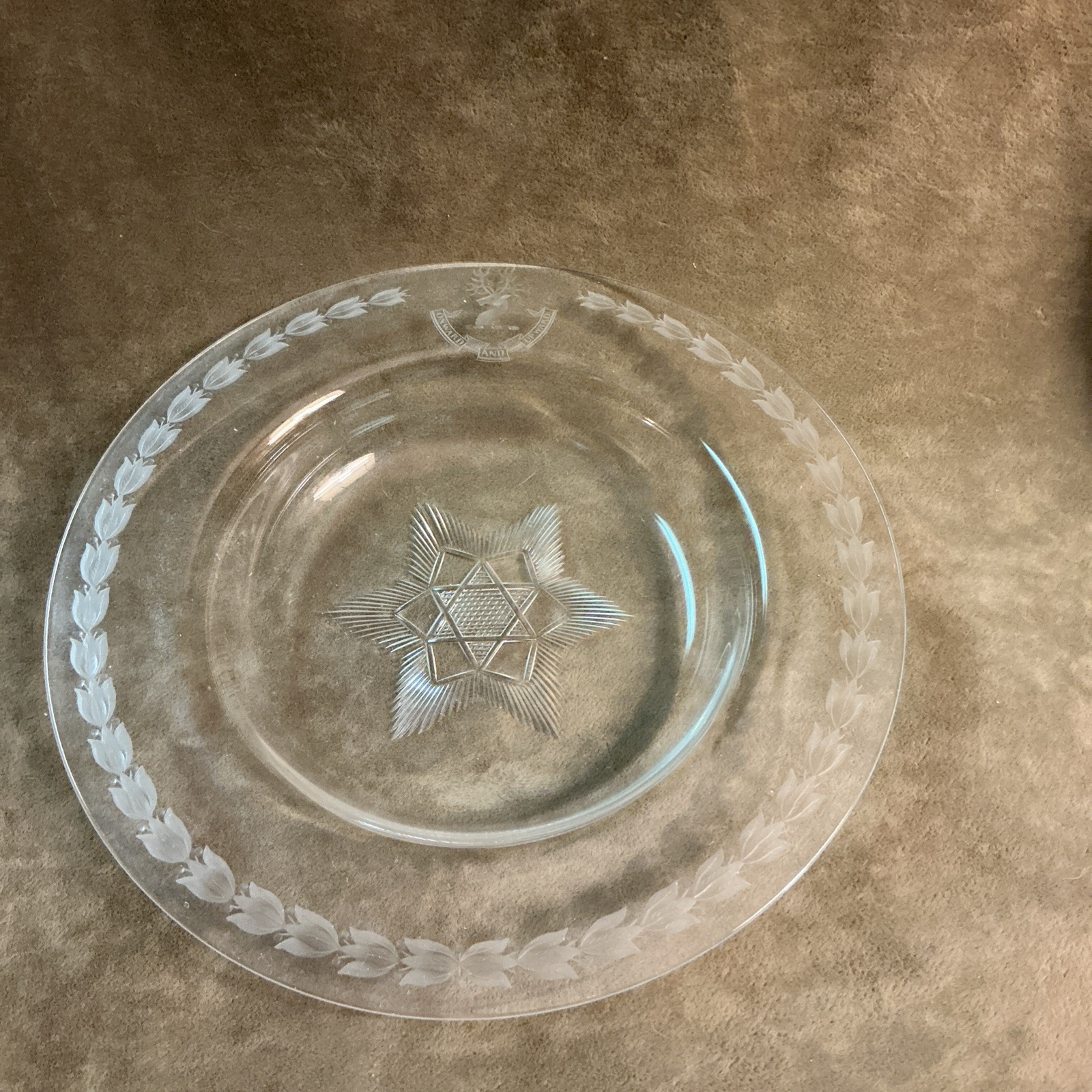 Victorian 19th century blown Glass dish laurel wreath Stagg crest onward Upward