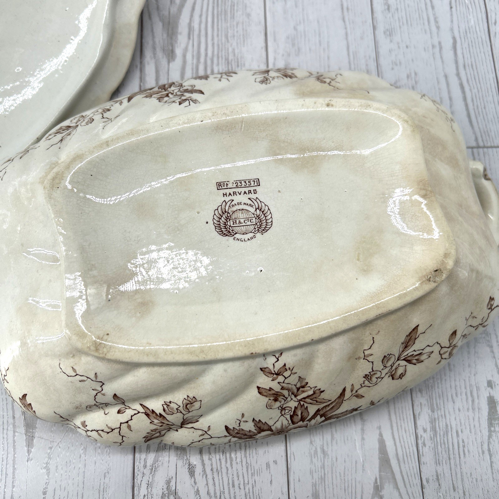 Antique 1800’s Brown Transferware Lidded Vegetable Dish Harvard H&CoC England