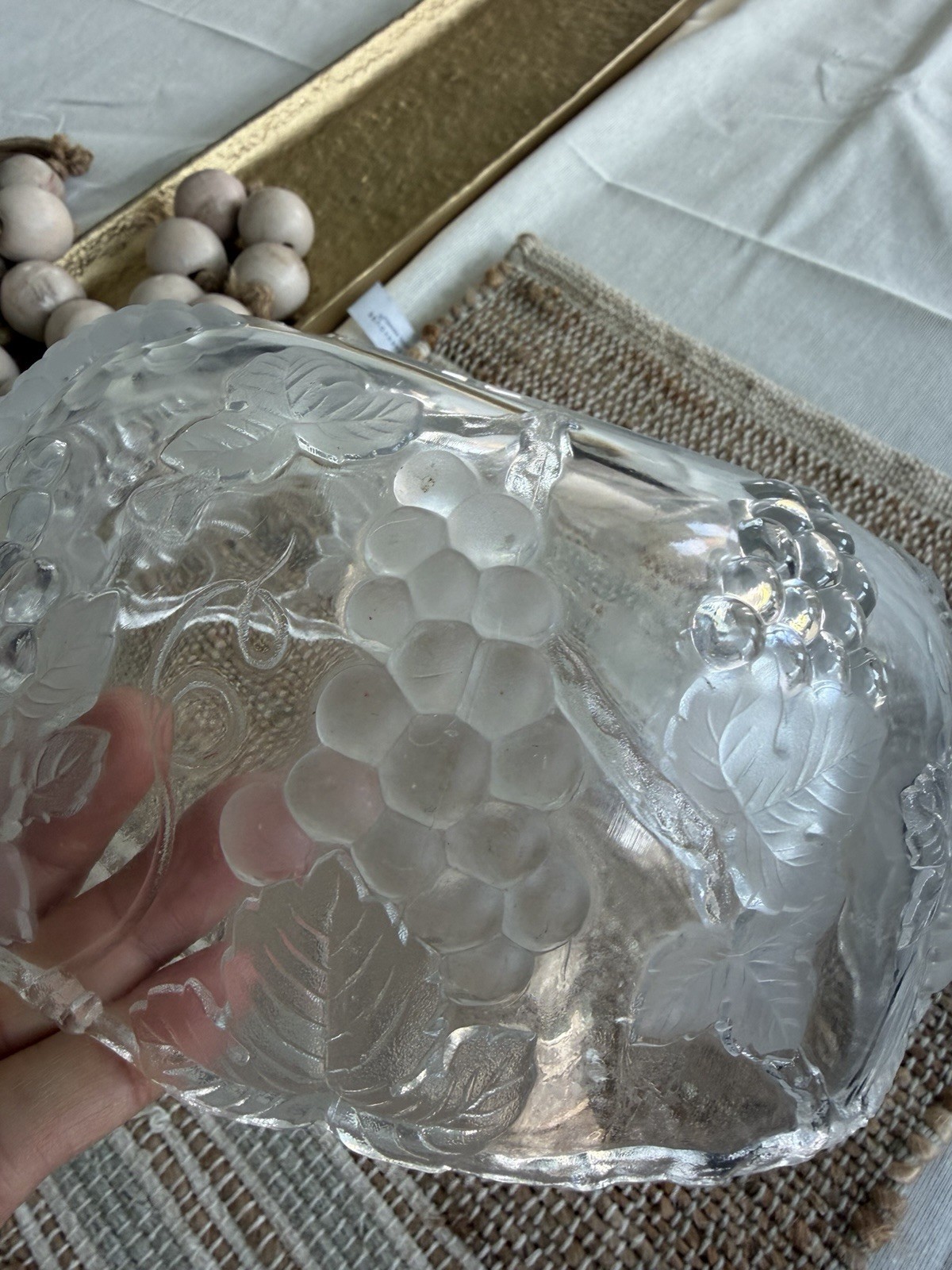 Clear Pressed Glass Round Serving Bowl Grape & Leaf Pattern Fruit Theme
