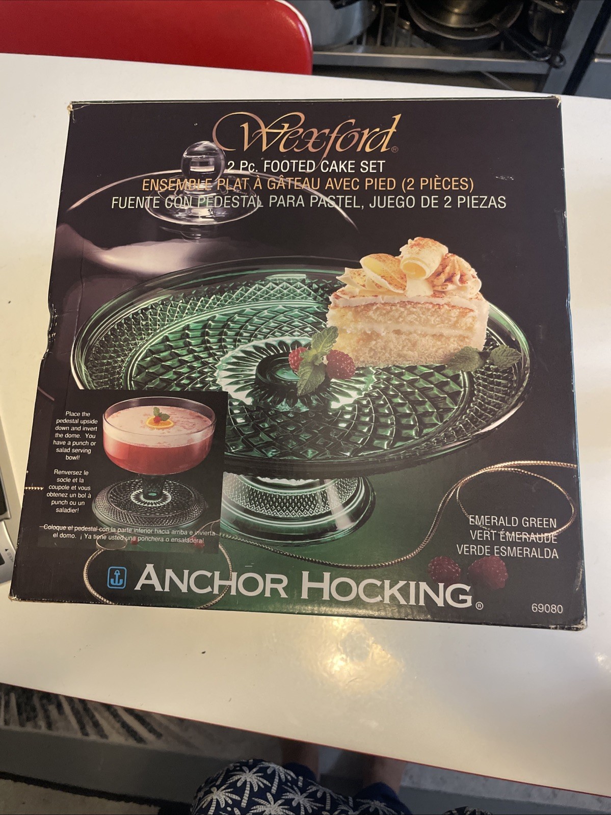 Anchor Hocking Vintage Wexford Glass Emerald Green Footed Cake Set w/Box