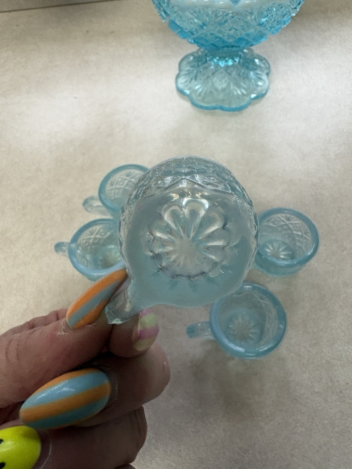 Westmoreland File and Fan Blue Opalescent Mini Punch Bowl Set 6 Mugs Glows