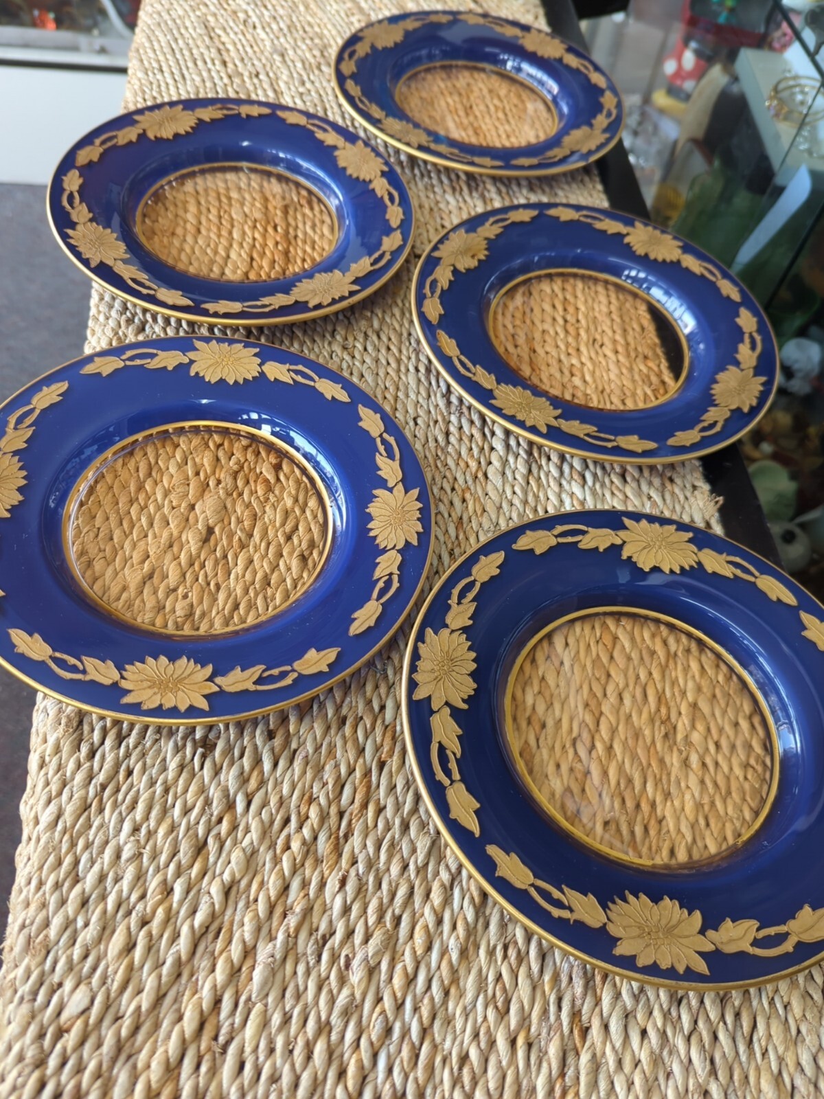 Antique Bohemian Gold Gilt Enameled Colbalt Cased Glass Plates Set 5 Hand Paint