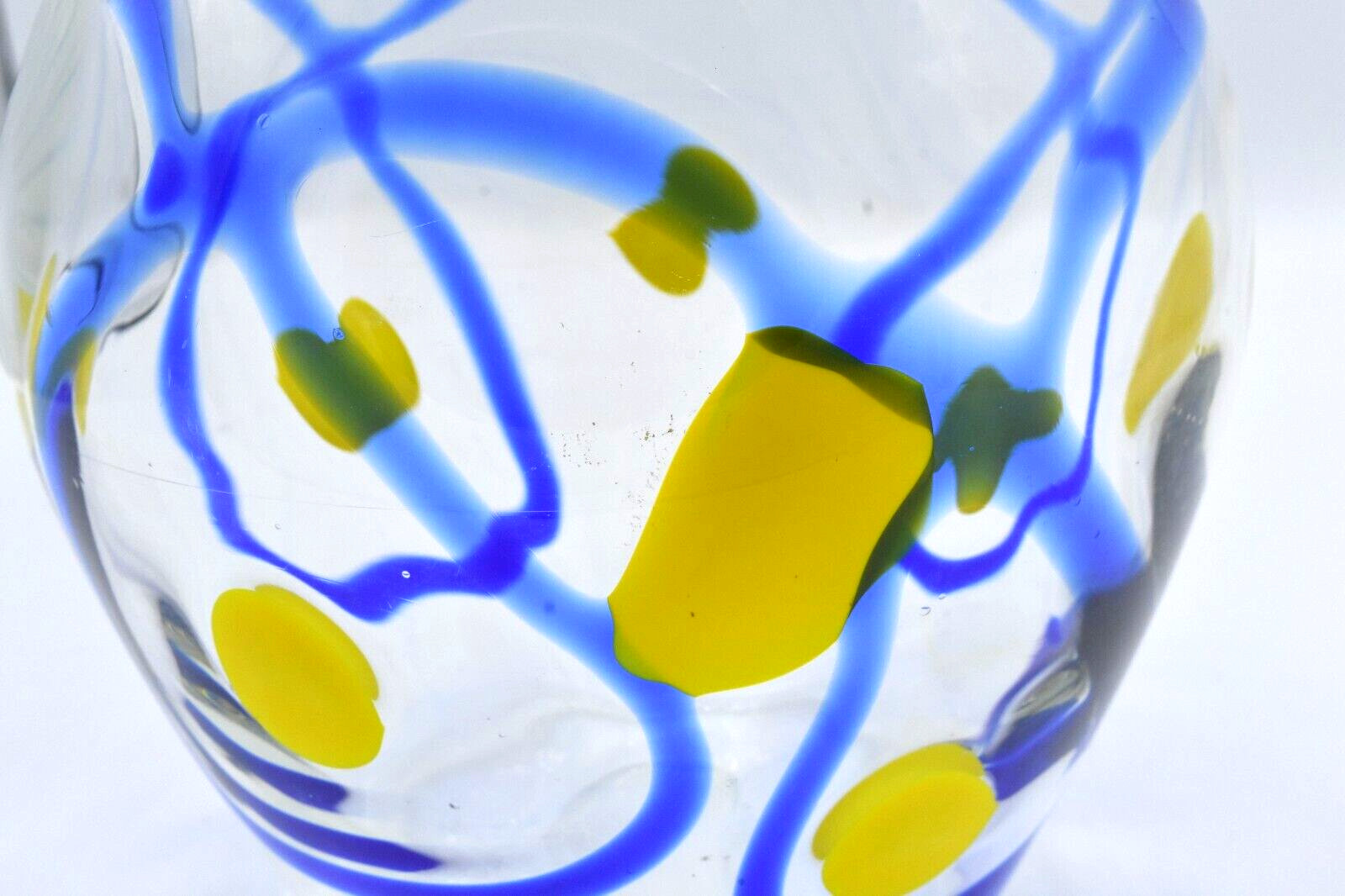 Hand Blown Art Glass Vase Clear with Cobalt Blue Swirls Yellow Spots Mexico?