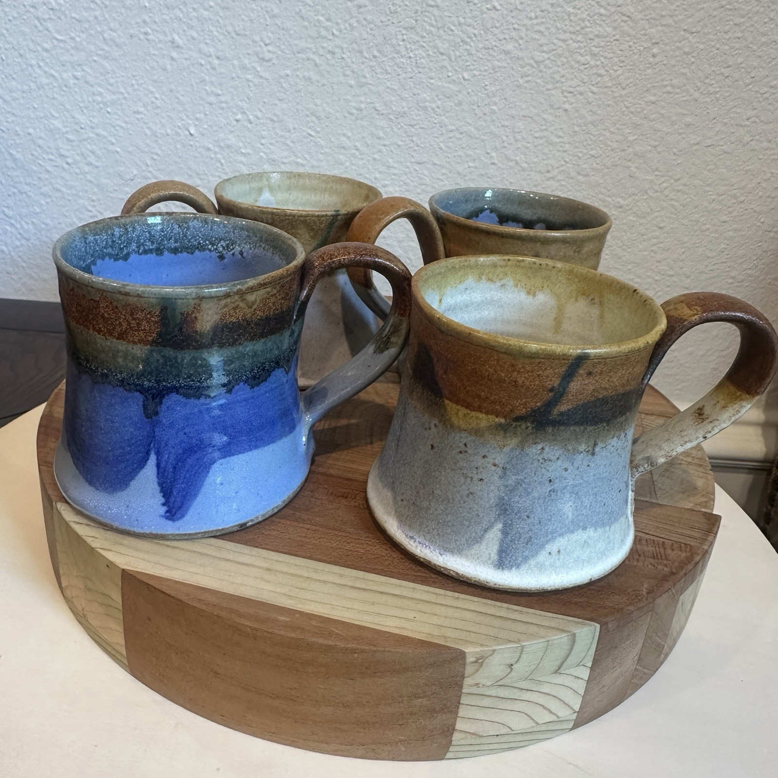 Studio Art Pottery Mugs Set 4 Signed KH Blue Beige Brown Hand Thrown Drip Glaze