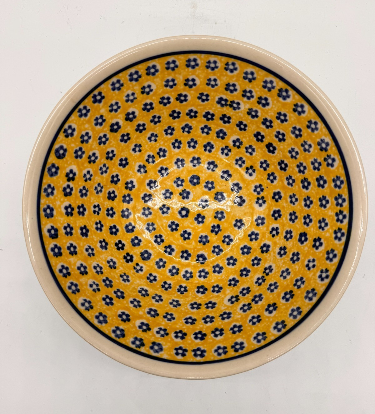 Boleslawiec Polish Pottery Bowl Yellow & Cobalt Blue Flower Pattern White Rim