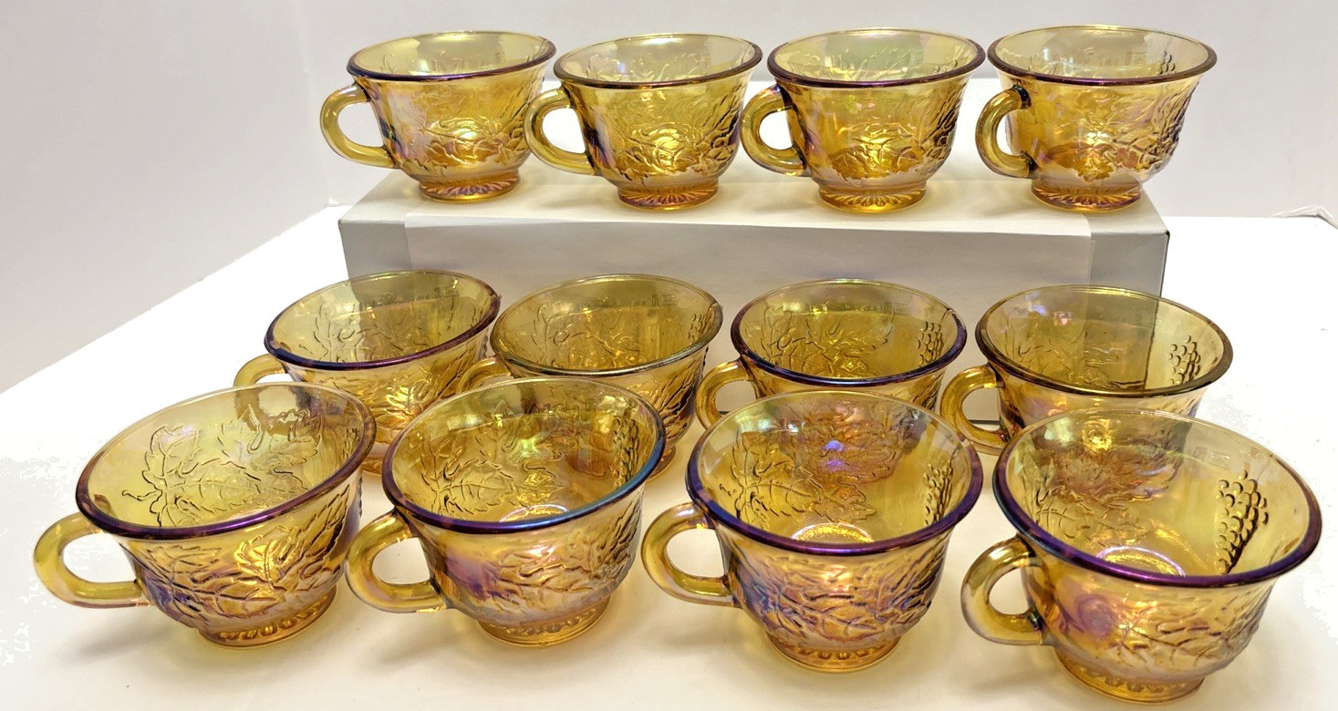 12 Indiana Carnival Glass Iridescent Gold Harvest Punch Bowl Cups w/ Hooks 6 oz