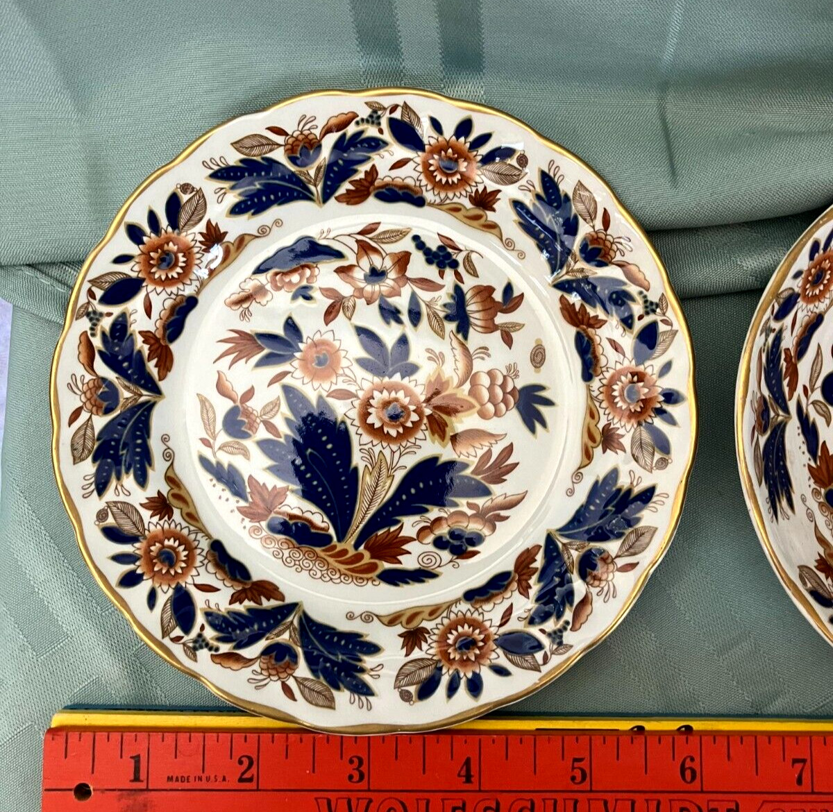 Booths Dovedale Rust & Blue Fruit/Dessert Bowl & Bread/Dessert Plate Gold Edge