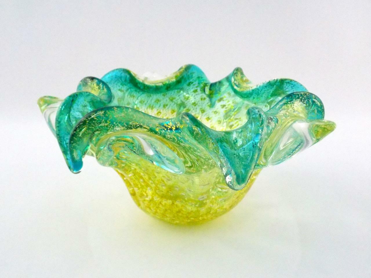 Italian Art Glass Polished Base Controlled Bubble Flower Bowl Green Blue V GOOD