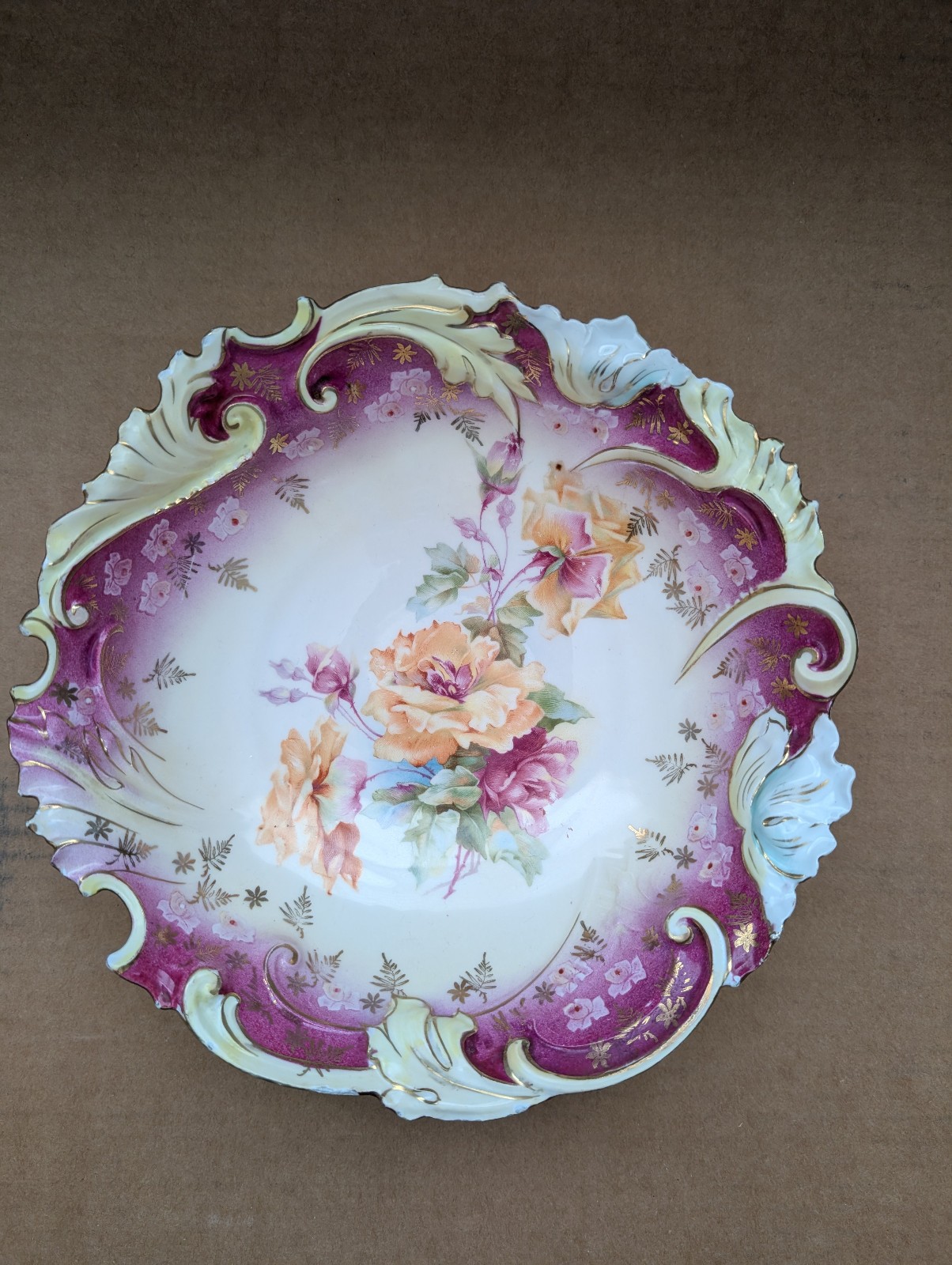 Antique R.S. Prussia 10″ Bowl Magenta Roses Carnation Mold Unmarked 1890-1910
