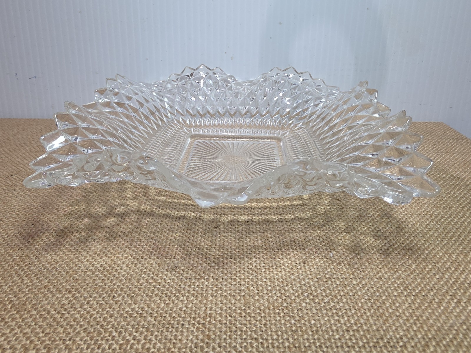 Vintage Clear Indiana Glass Co Square Ruffled Diamond Point Candy Nut Dish Bowl