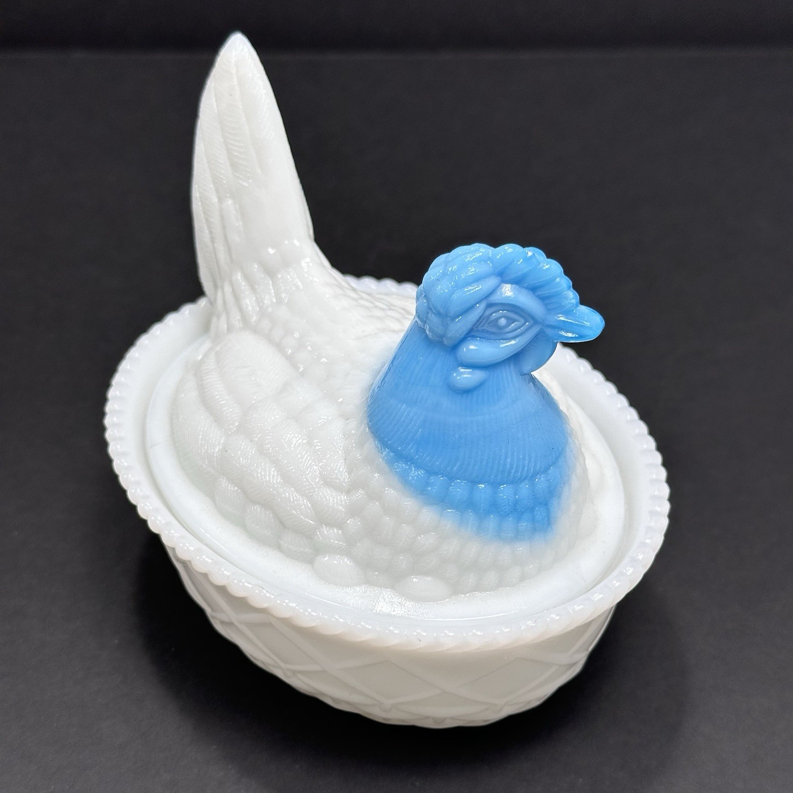Westmoreland Hen on Nest Milk Glass Blue Slag Head 5.25″ x 4″ Vintage