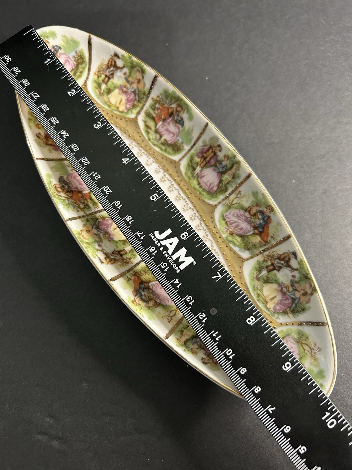 Vintage Arnart Fragonard Courting Couple Porcelain Relish Dish Gold Gilt 9.75”