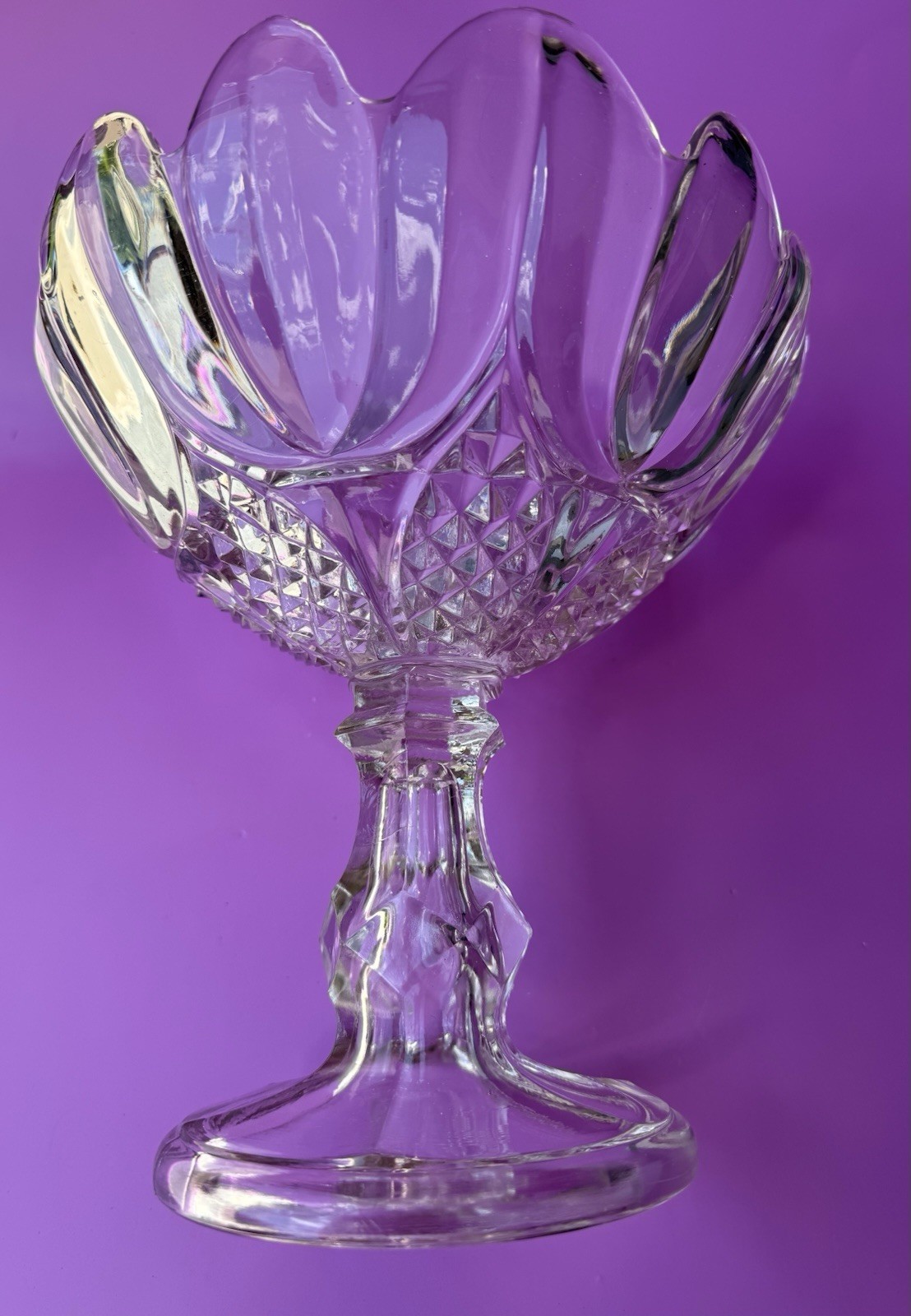 EAPG Glass Pedestal Compote Bowl Round, Scalloped Rim Excellent Condition, Heavy