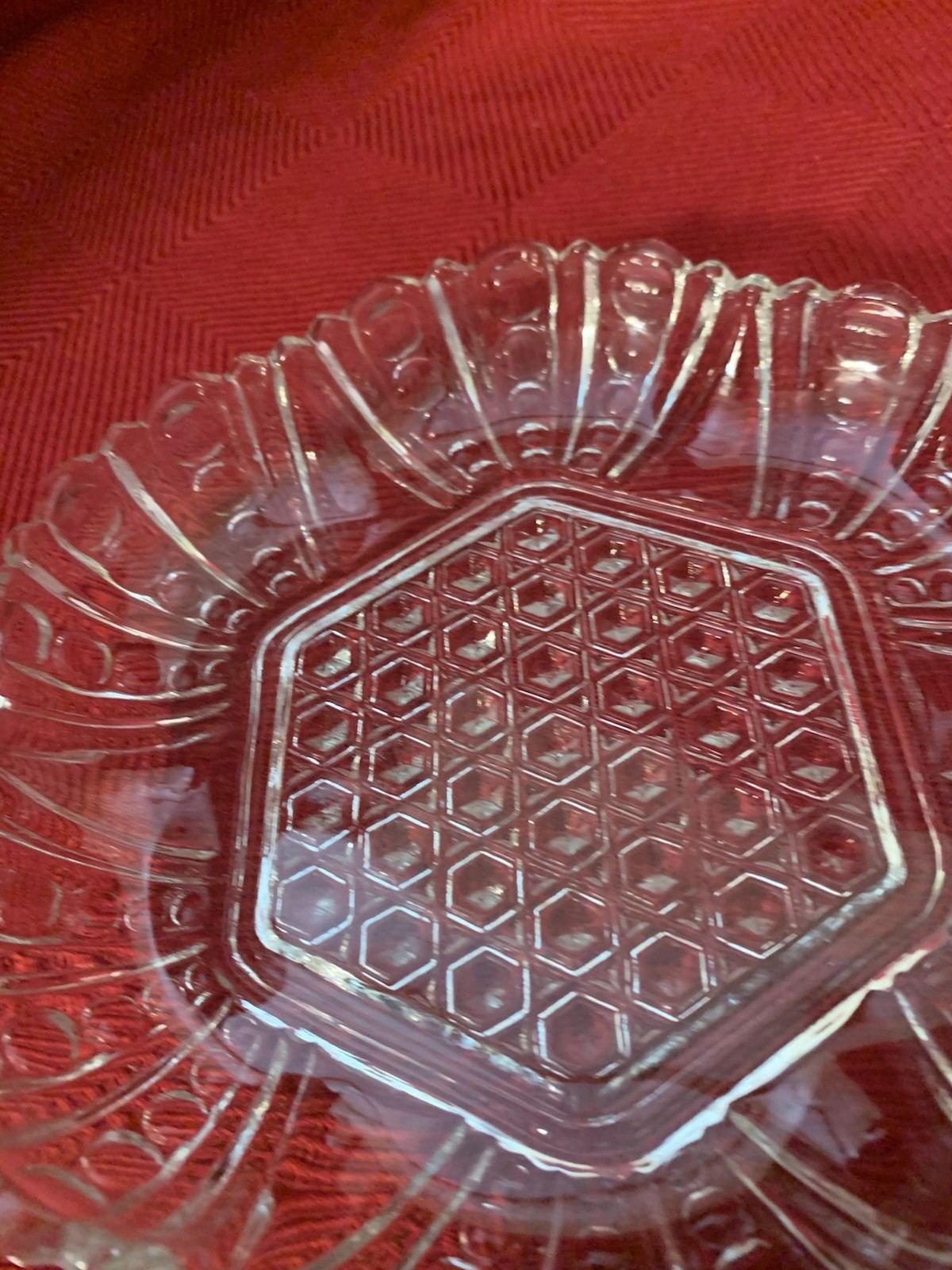 Anchor Hocking Clear Glass Vintage Dish with Hexagon and Dot & Cane Pattern 7.5”