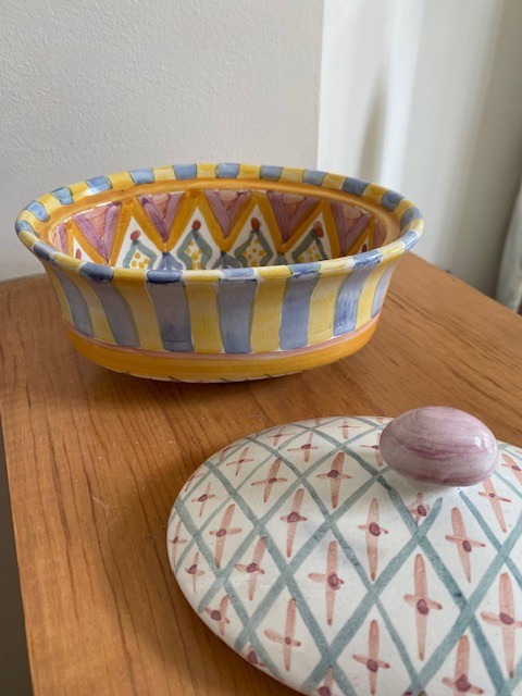 Vintage Mackenzie Childs MONET Ceramic Chowder Bowl w/ Lid Stripes Dots
