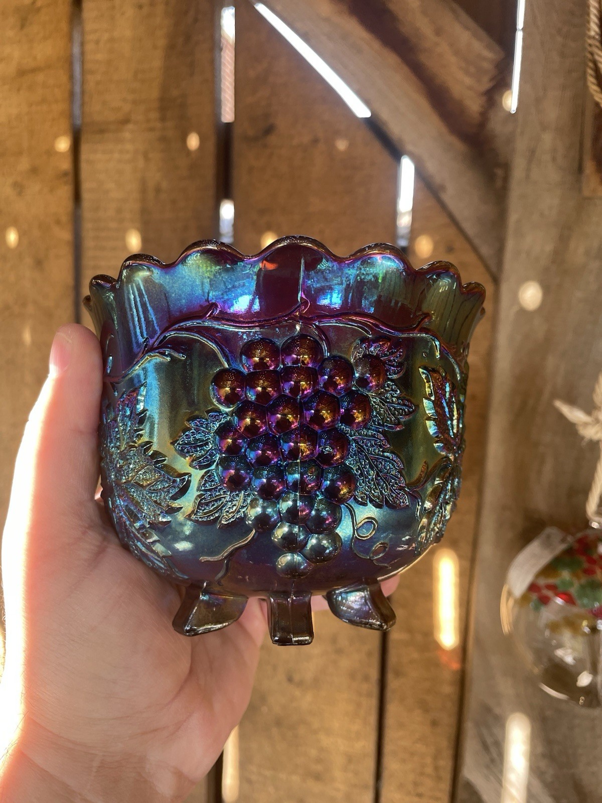 CARNIVAL GLASS ~ ELECTRIC DUGAN GRAPE DELIGHT FLARED NUT BOWL ~