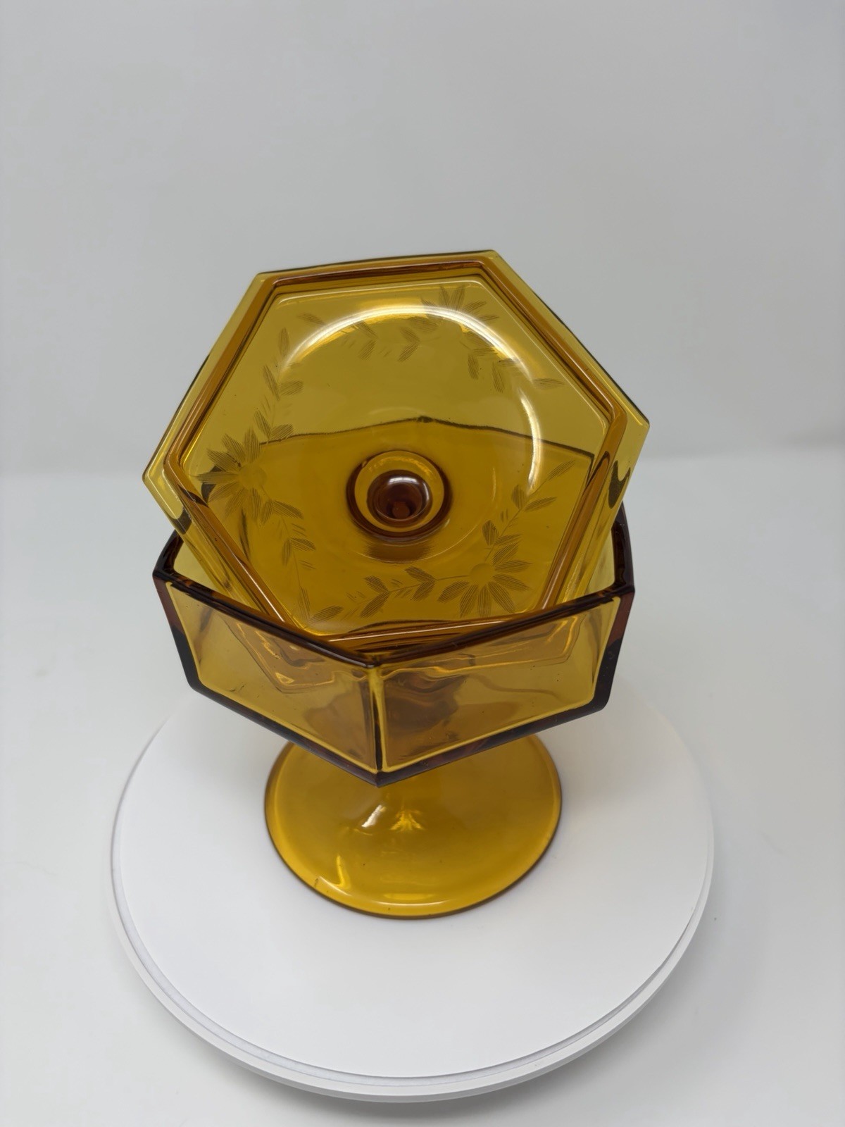 Vintage Amber Hexagon Covered Candy Dish Pedestal Compote Etched Glass MCM