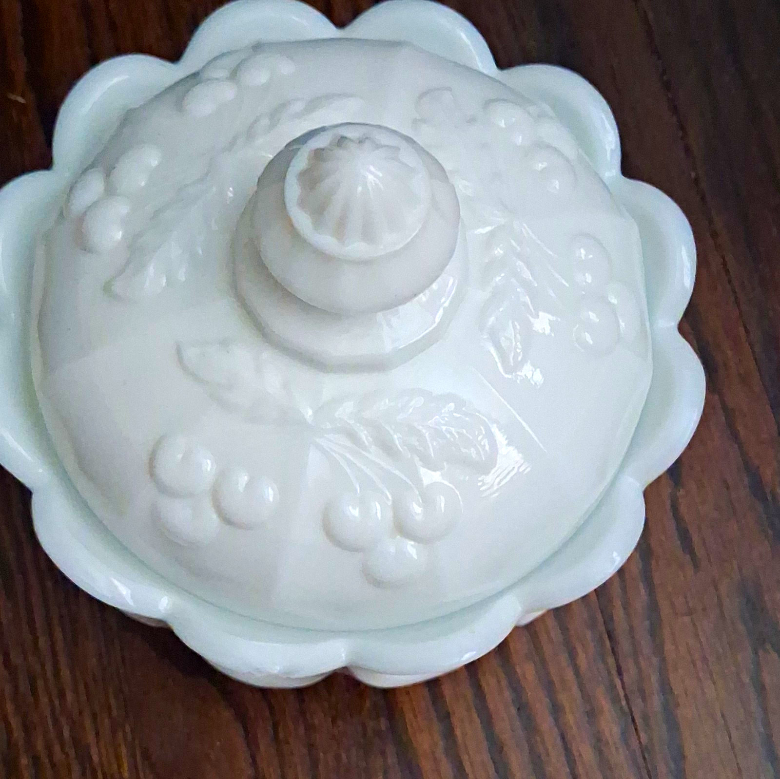 White Milk Glass Covered Bowl w/ Lid Grape Pattern Round Decorative