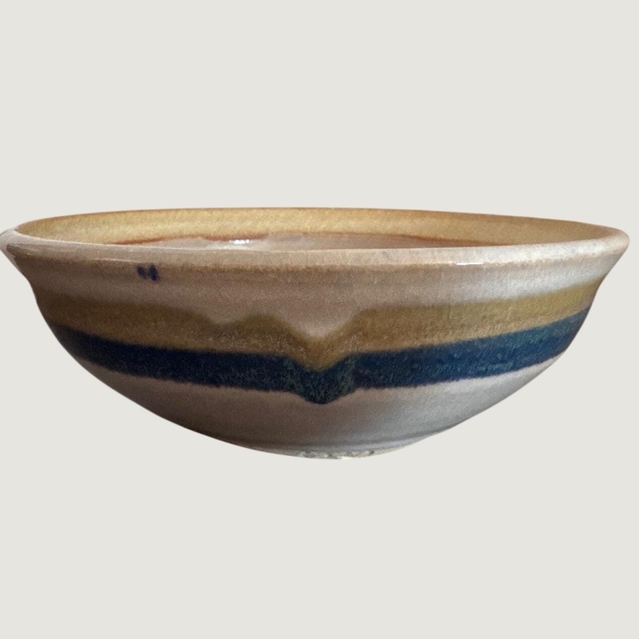 John Fassbinder Studio Pottery Signed Stoneware Bowl Blue Tan Banded Glaze 9in