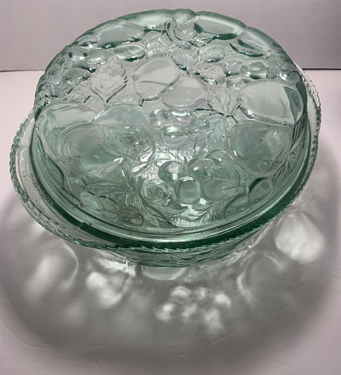 Sale Vintage Libbey Orchard Fruit Green Glass 3 QT Casserole Baking Dish Pie Lid