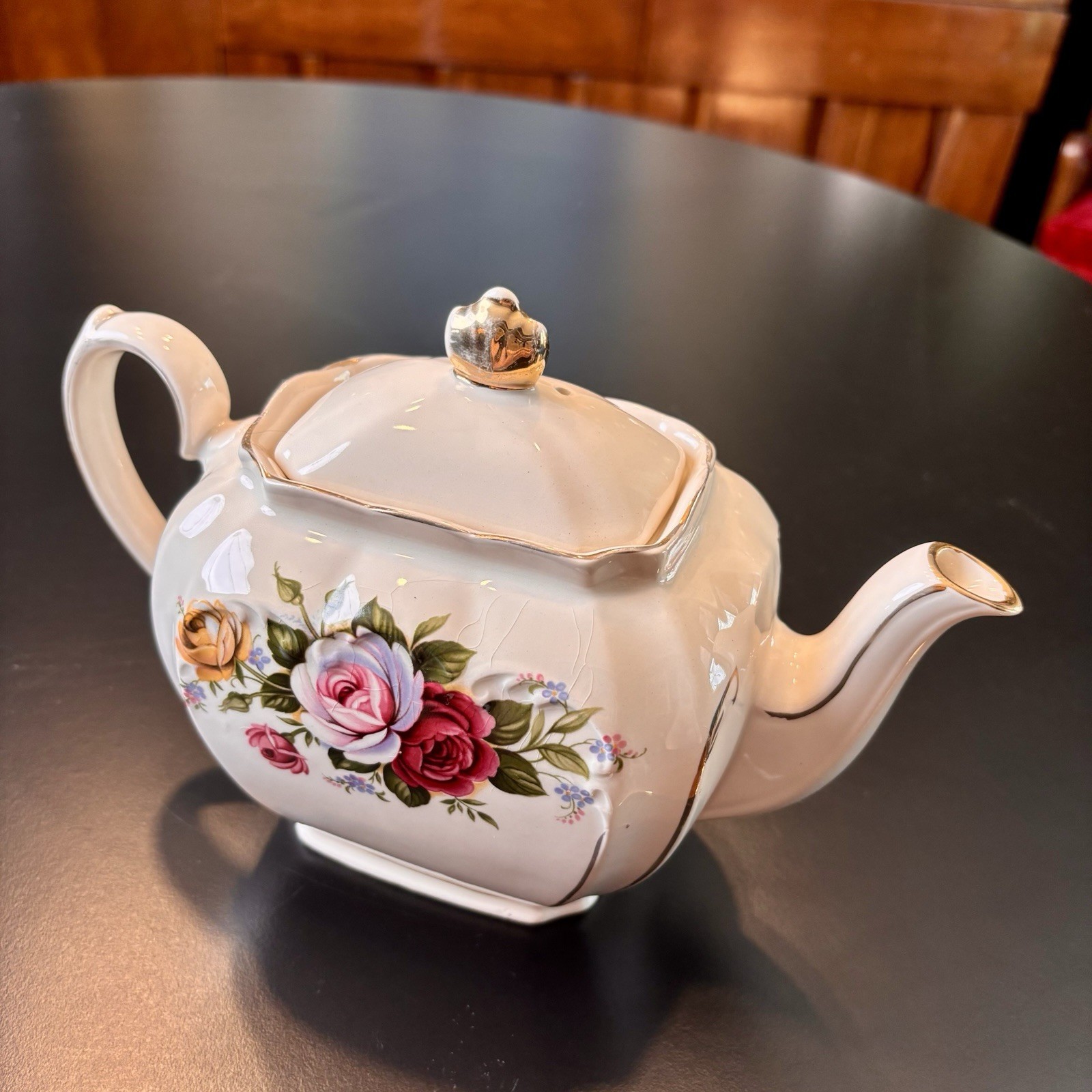Vintage Sadler England Cube Ceramic Teapot Cabbage Rose Pattern Gold Trim