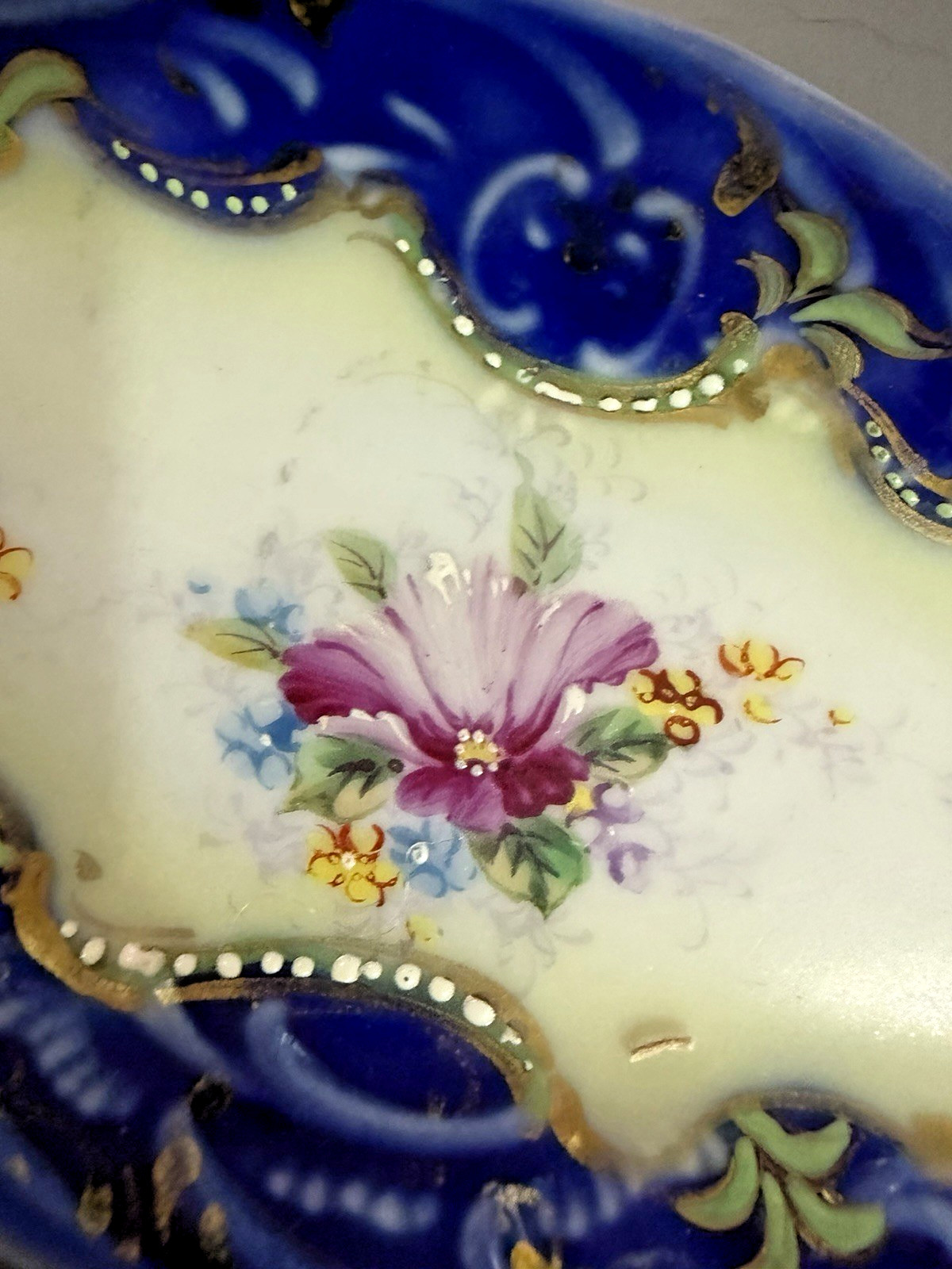 Antique Nippon Hand Painted Cobalt Blue Floral Relish Tray Gold 9″ C.1910’s